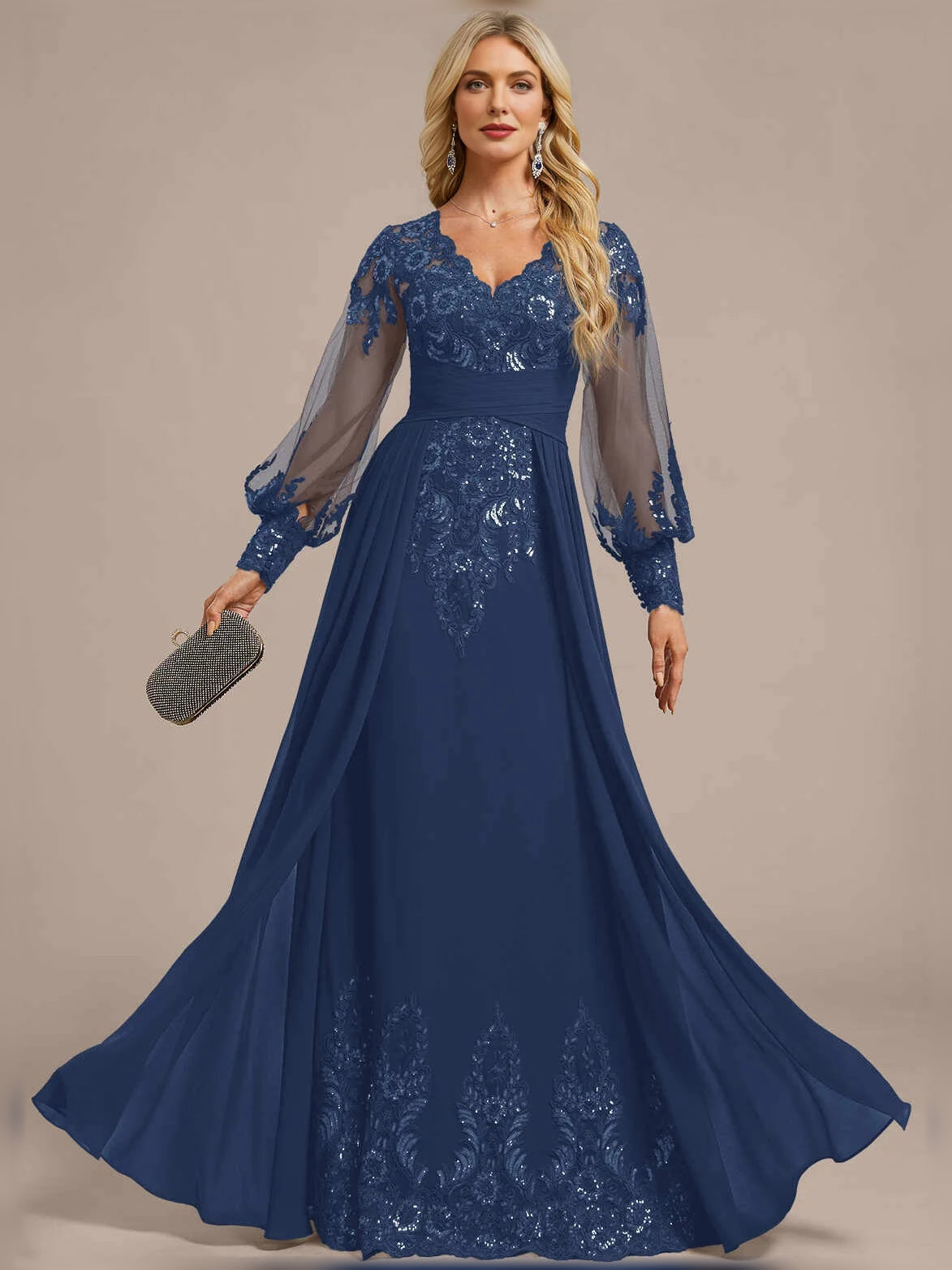 Floor-length dark blue V-neck A-line dress with ruched bodice and sequined lace sleeves