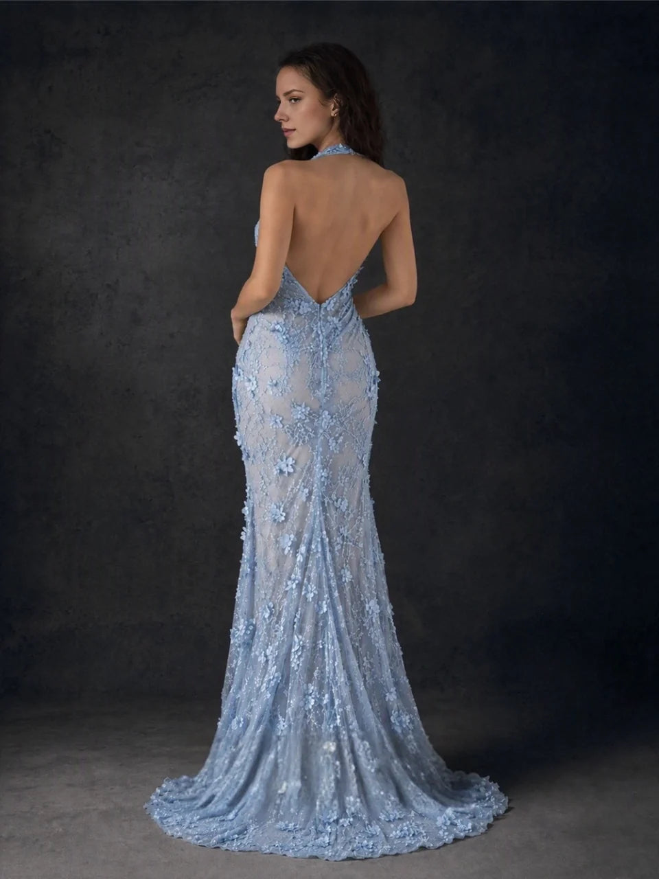 Light blue floral halter-neck formal dress with ruching and draped front skirt slit
