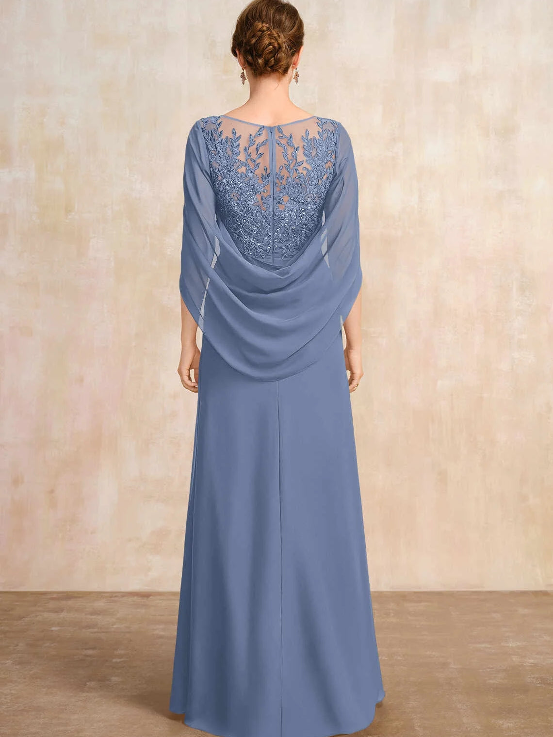 Dusty blue chiffon A-line dress with illusion lace back and draped cape sleeves