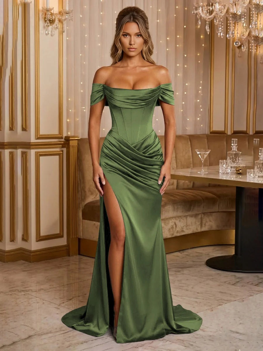 Dark green off-the-shoulder corset maxi dress with draped bodice and side slit