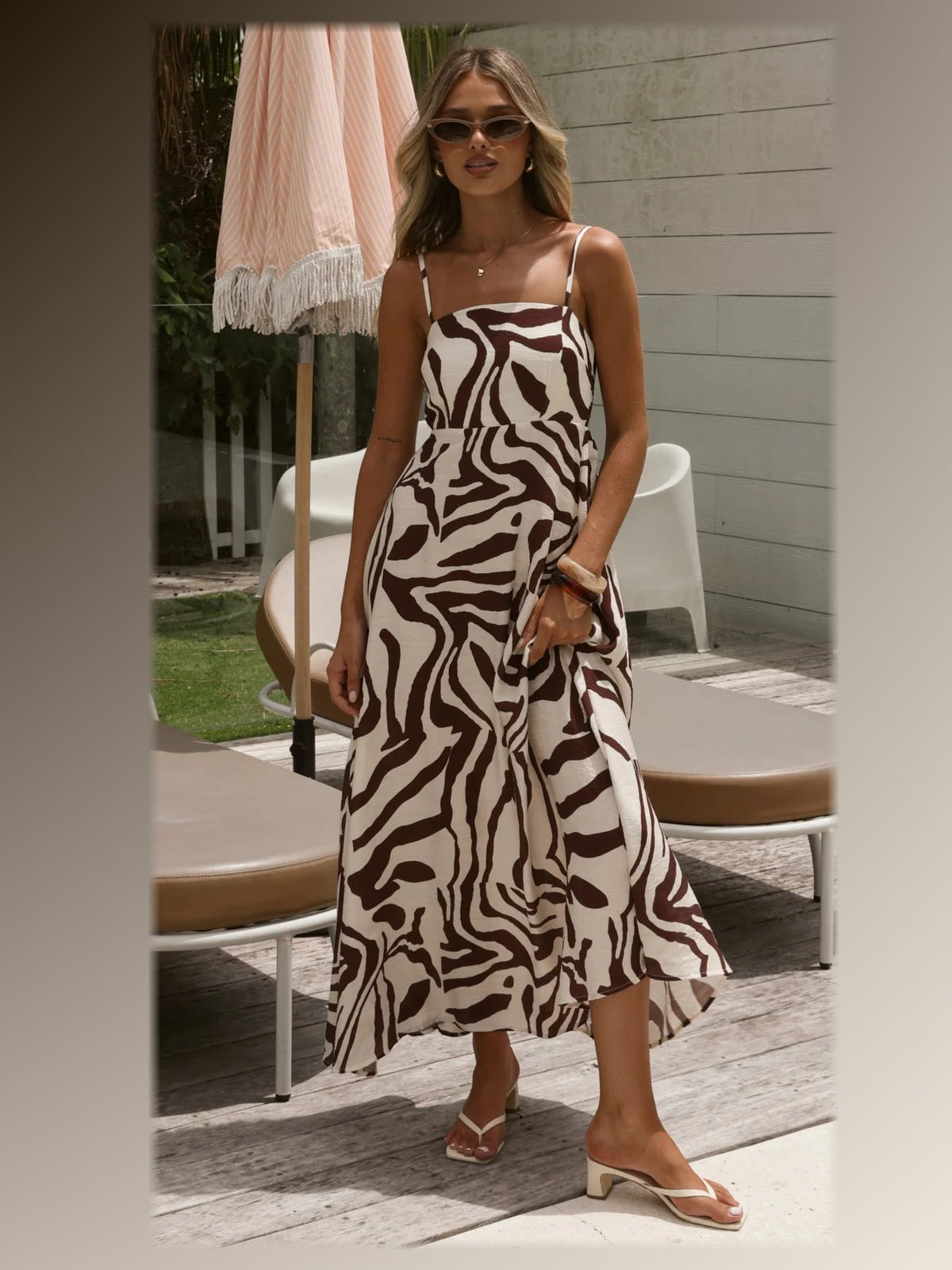 Mocha Abstract Print midi formal dress, alternate full-length view showing the hem