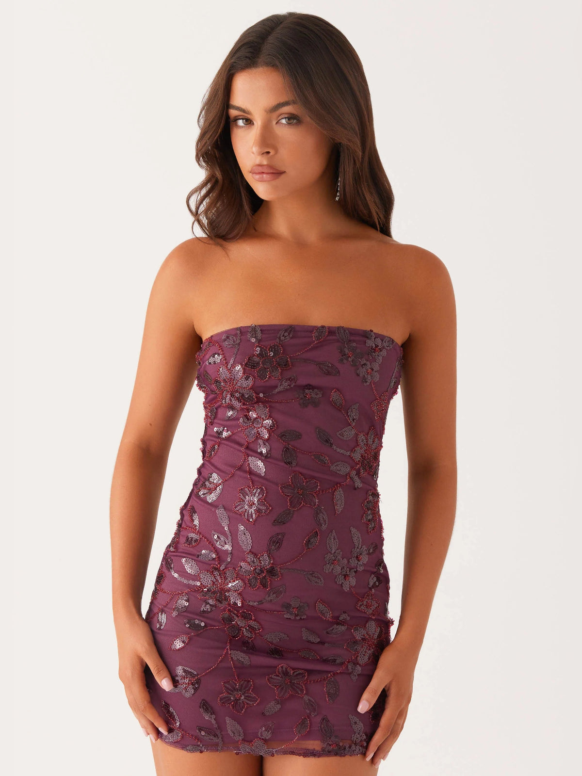 Mulberry strapless beaded mini homecoming dress, close-up front with ornate beading