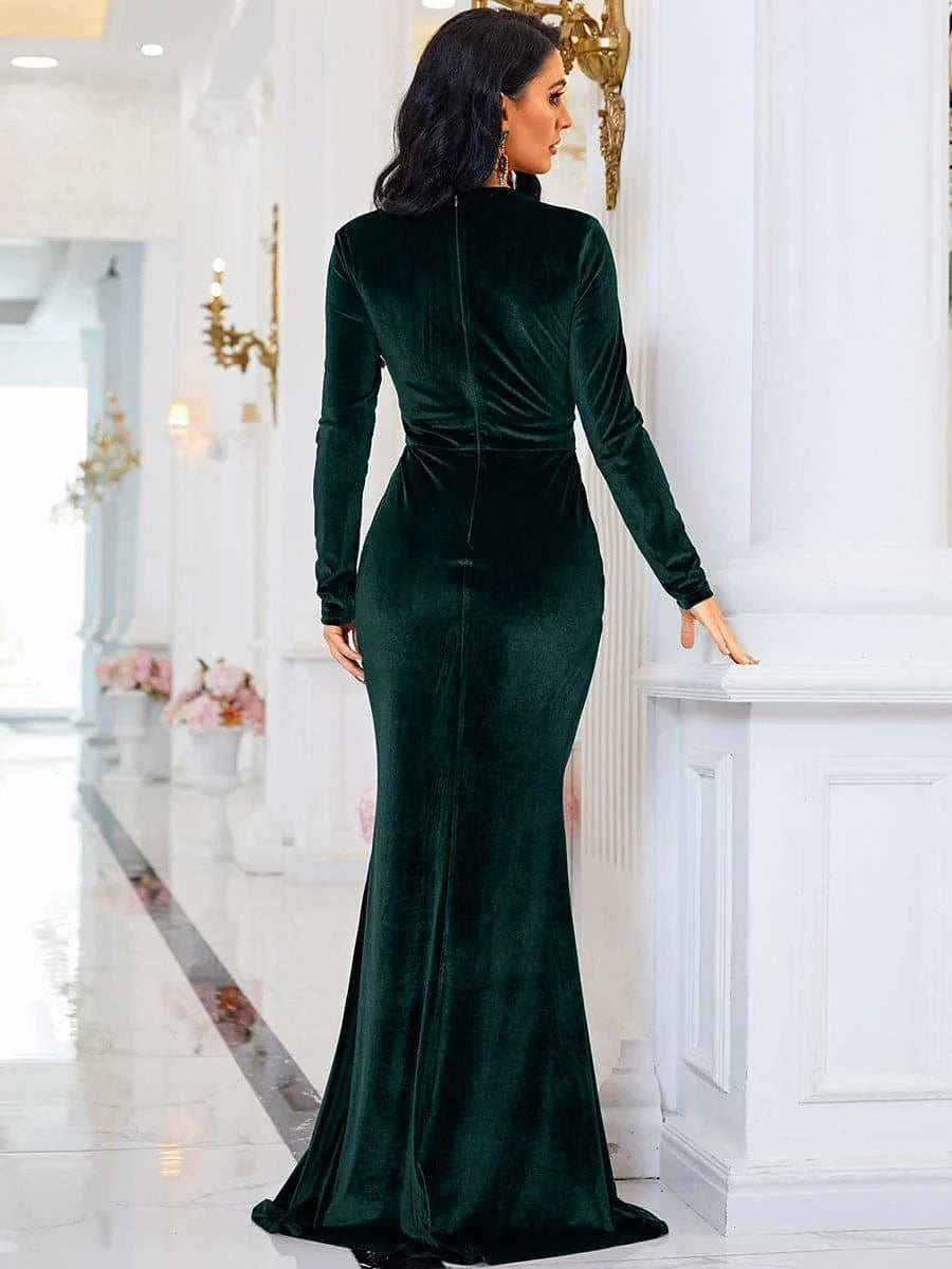 Dark green long-sleeve mermaid maxi formal dress from the back, V-neck back