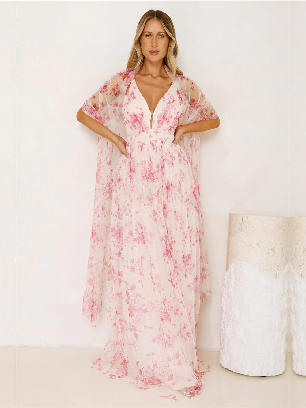 Fuchsia a-line maxi formal dress with floral print, alternate view showing the skirt