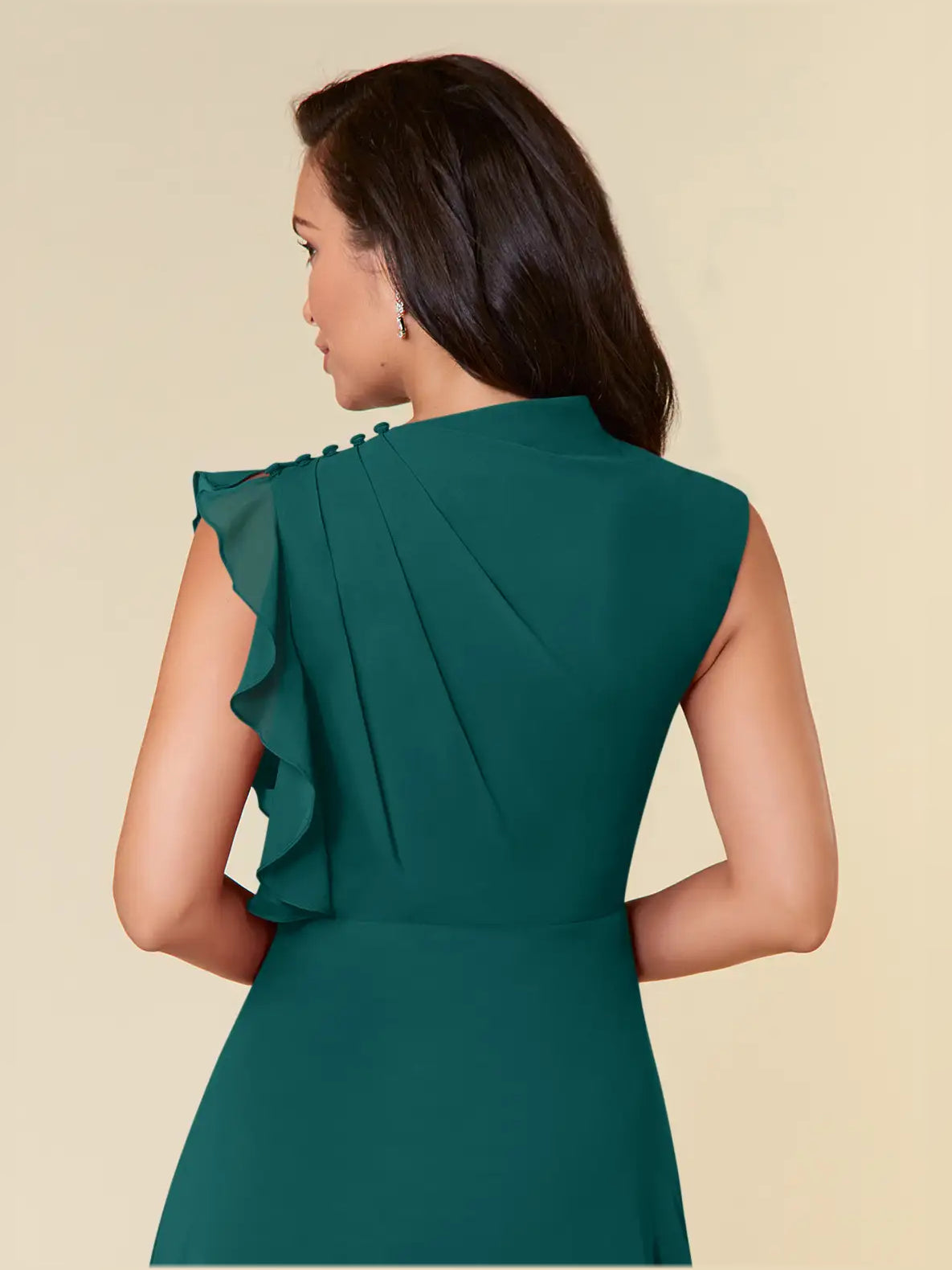 Teal high-neck A-line maxi chiffon bridesmaid dress, ruffle panel at back