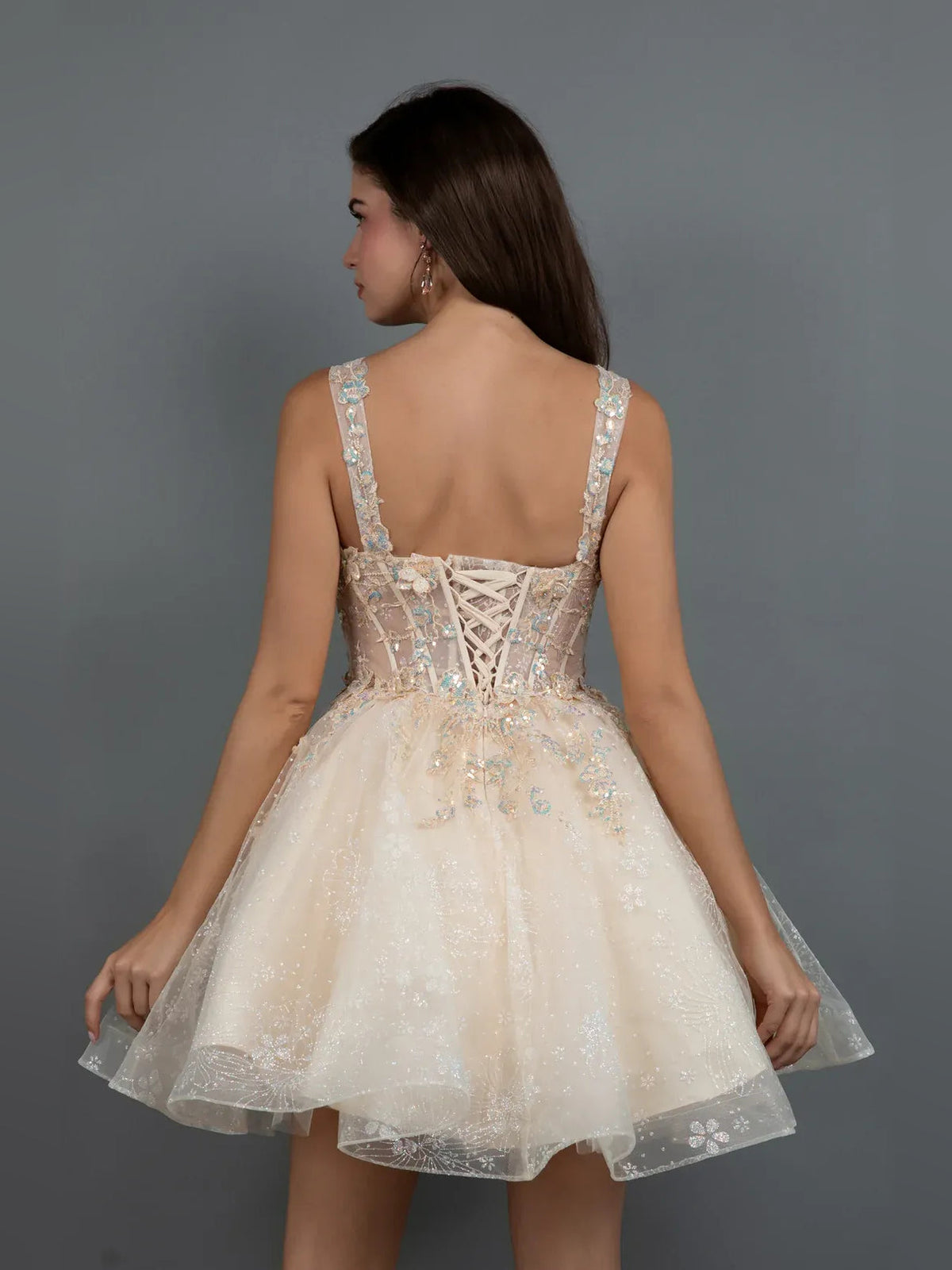 Champagne-gold tulle A-line homecoming dress with corset back and embroidered floral details