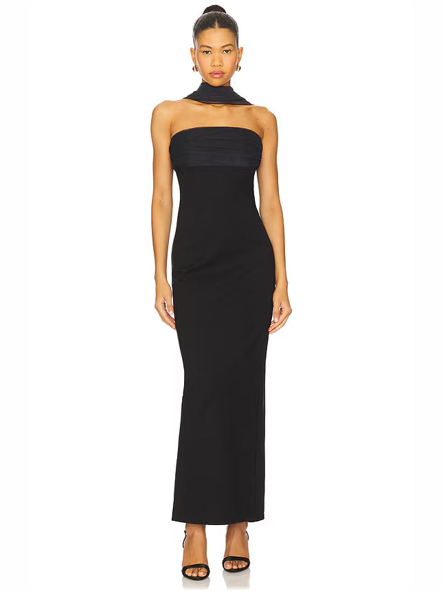 Bright Red sheath maxi formal dress with strapless neckline, alternate full-length view showing the skirt