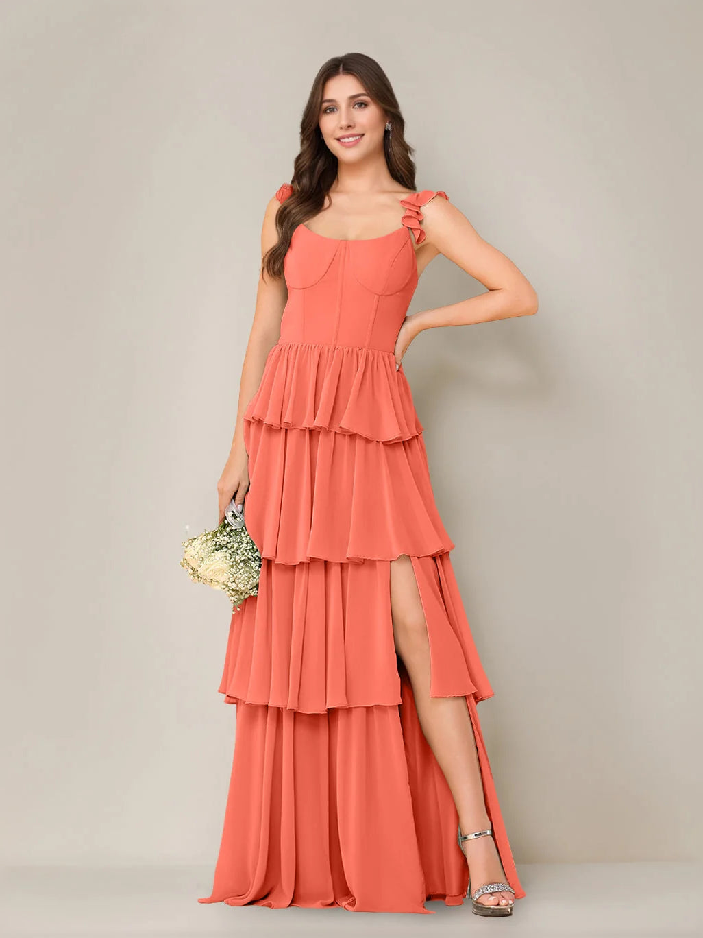 Papaya tiered ruffled sleeveless maxi dress with tiered skirt and side slit