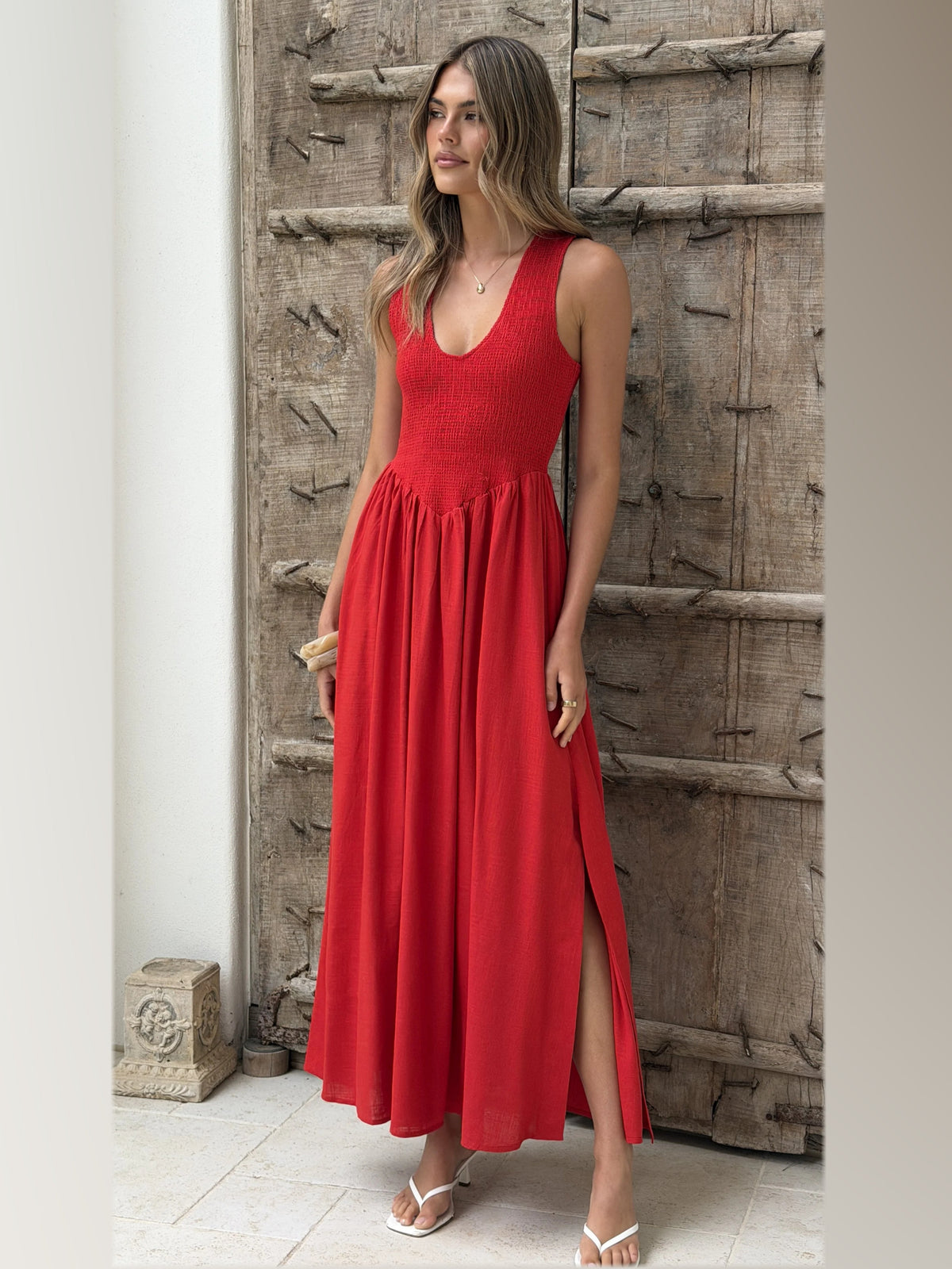 Red formal dress with a-line shape