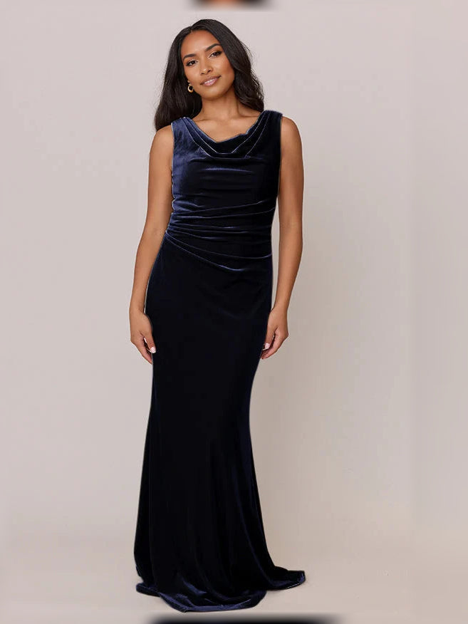 Dark navy velvet mermaid bridesmaid dress with draped cowl neckline, sleeveless