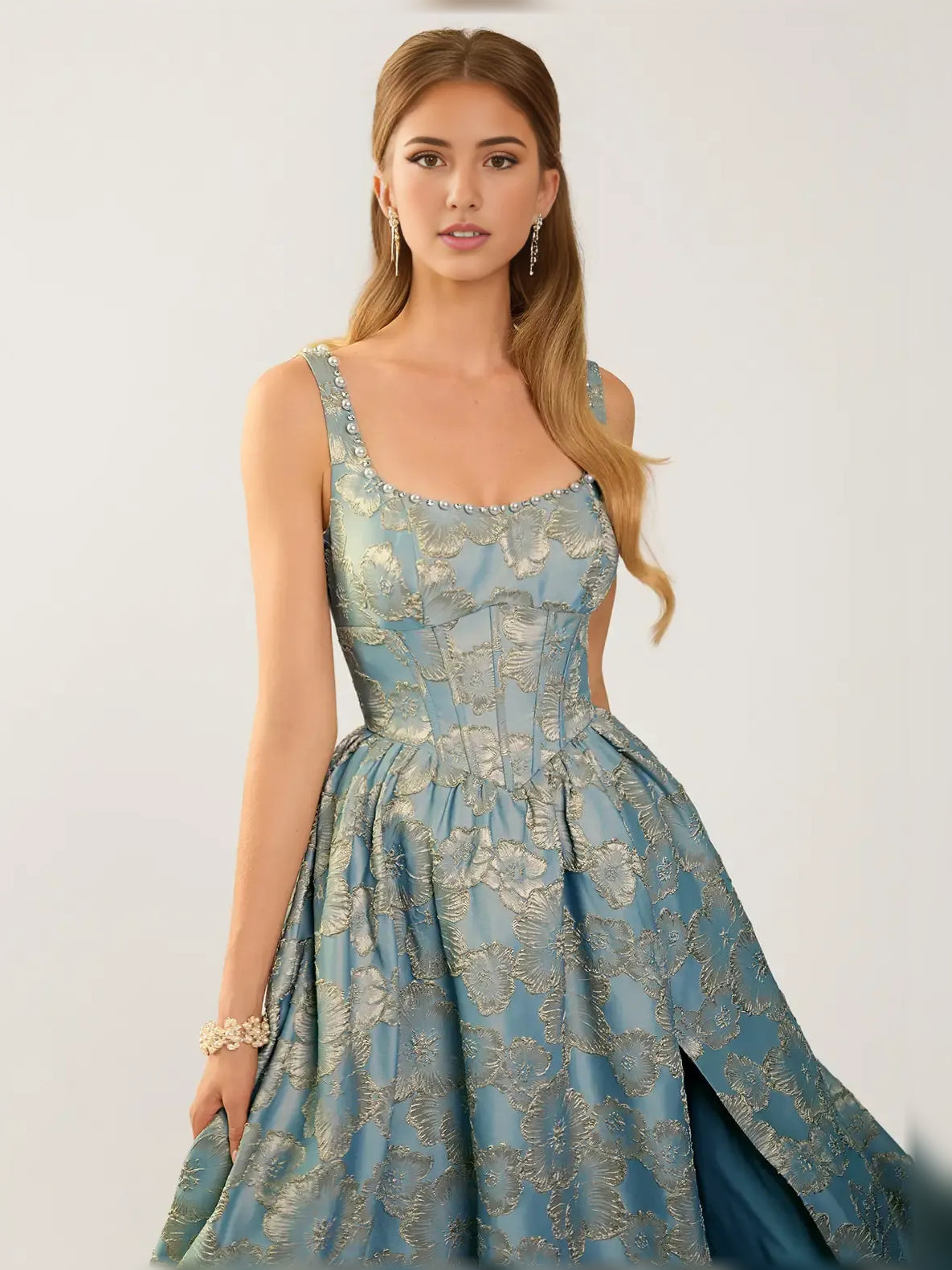 Sleeveless scoop neck corset formal dress with full skirt and side drape, blue/gold floral