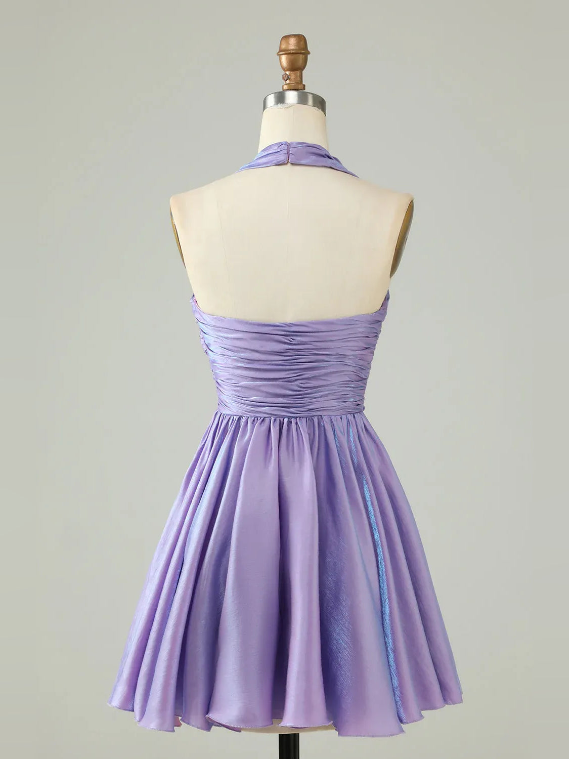 Lavender ruched halter A-line mini dress on mannequin, back view with crisscrossed ruching
