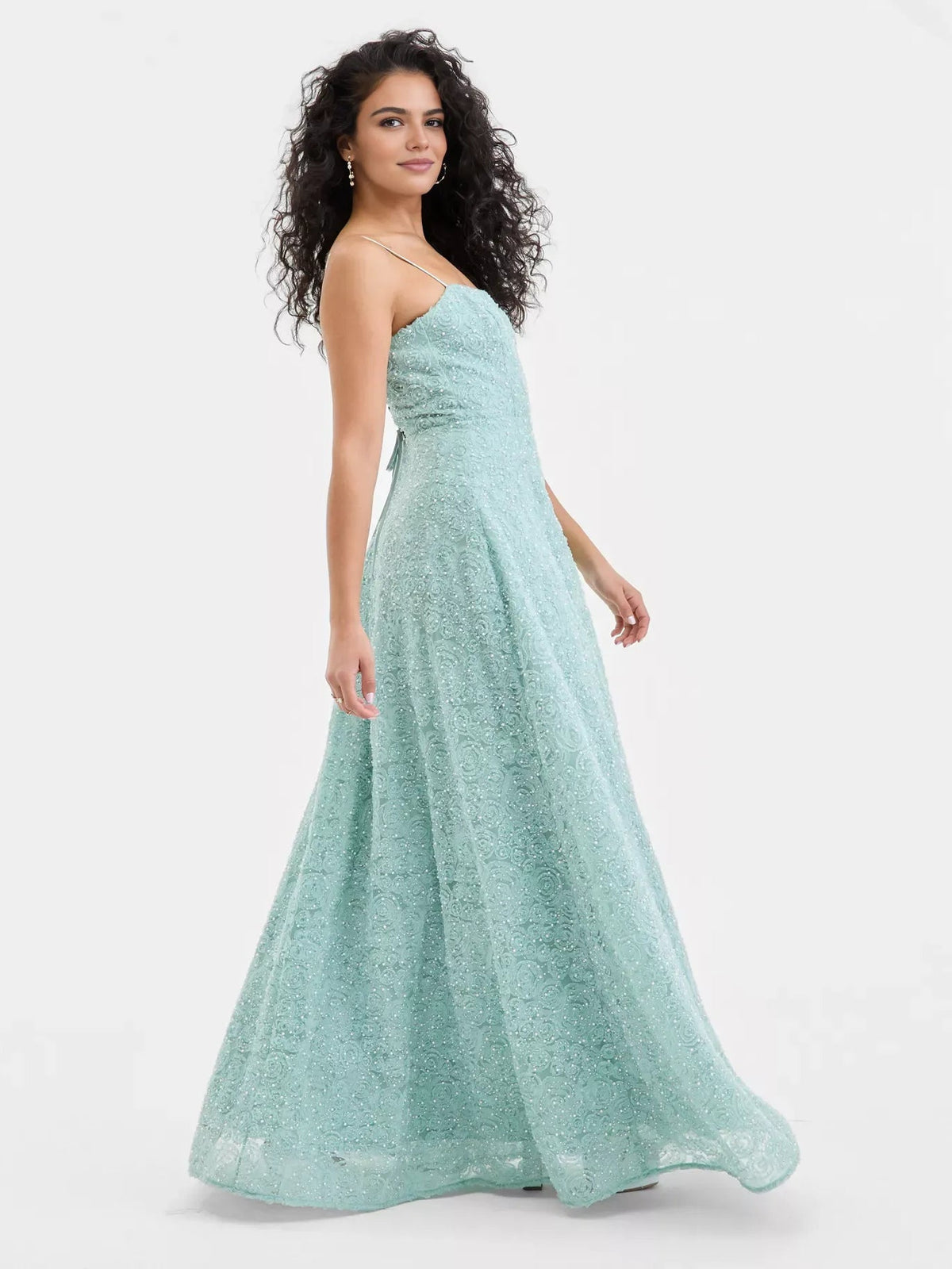 Mint green beaded square-neck A-line maxi prom dress with thin straps