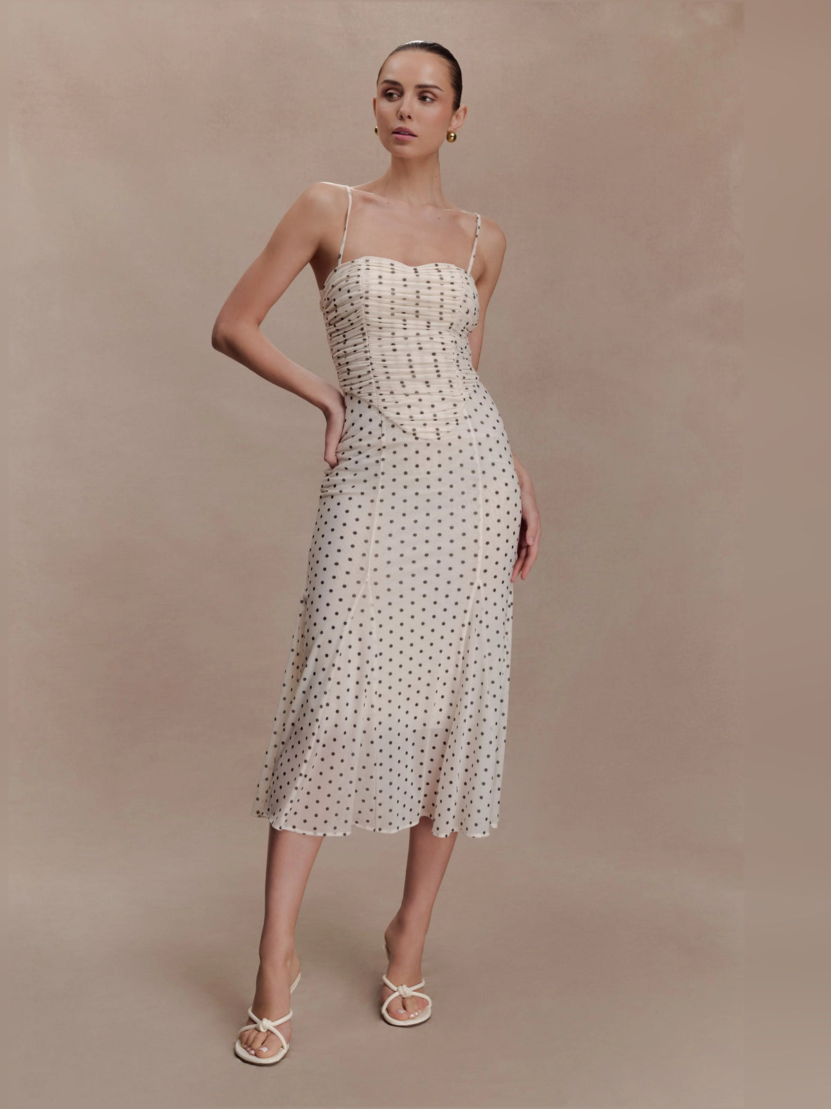 Polka-dot mesh midi formal dress with gathered waist and draped skirt