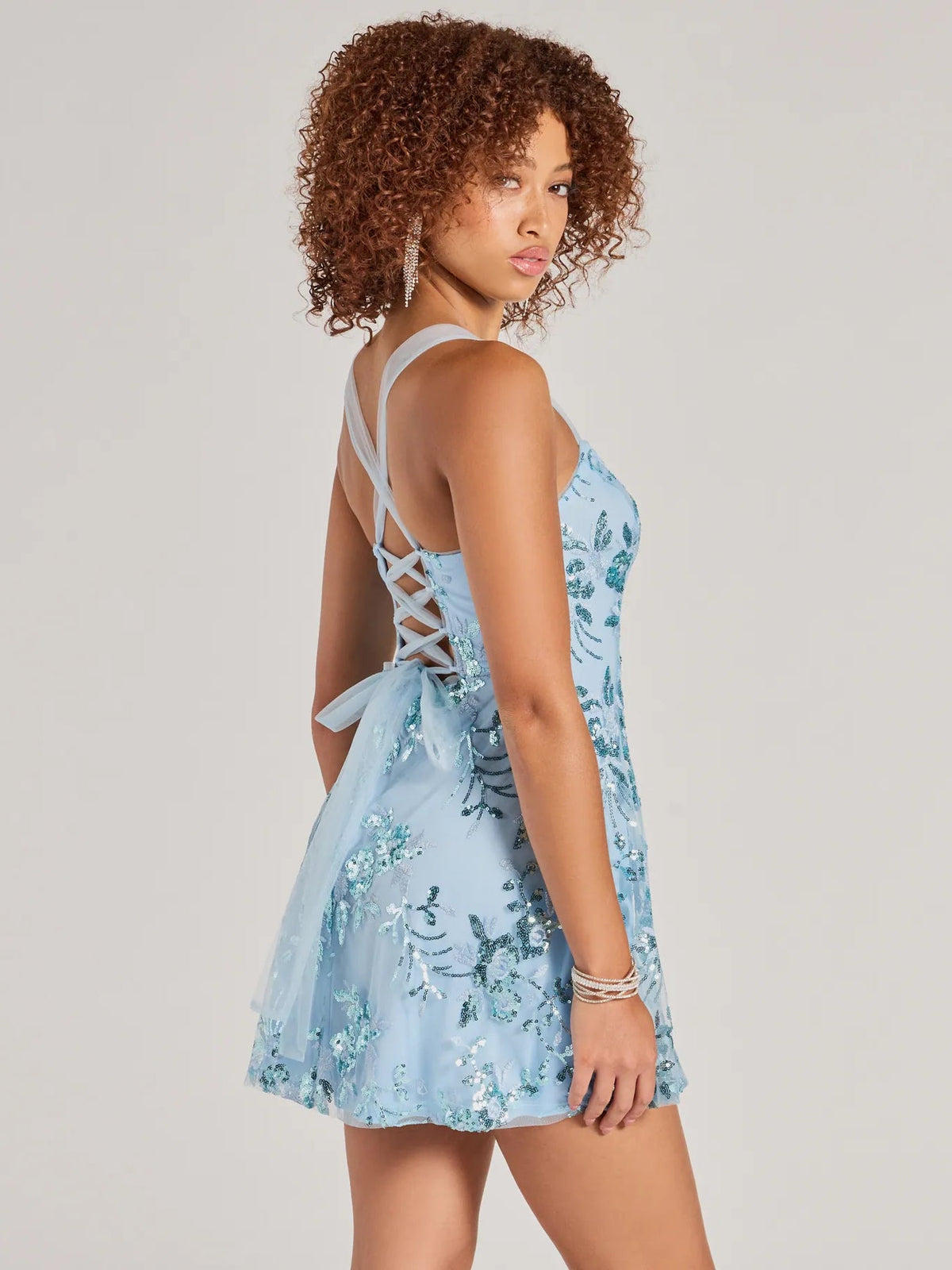 Light blue floral sequin mini tulle dress back with crisscross tie straps