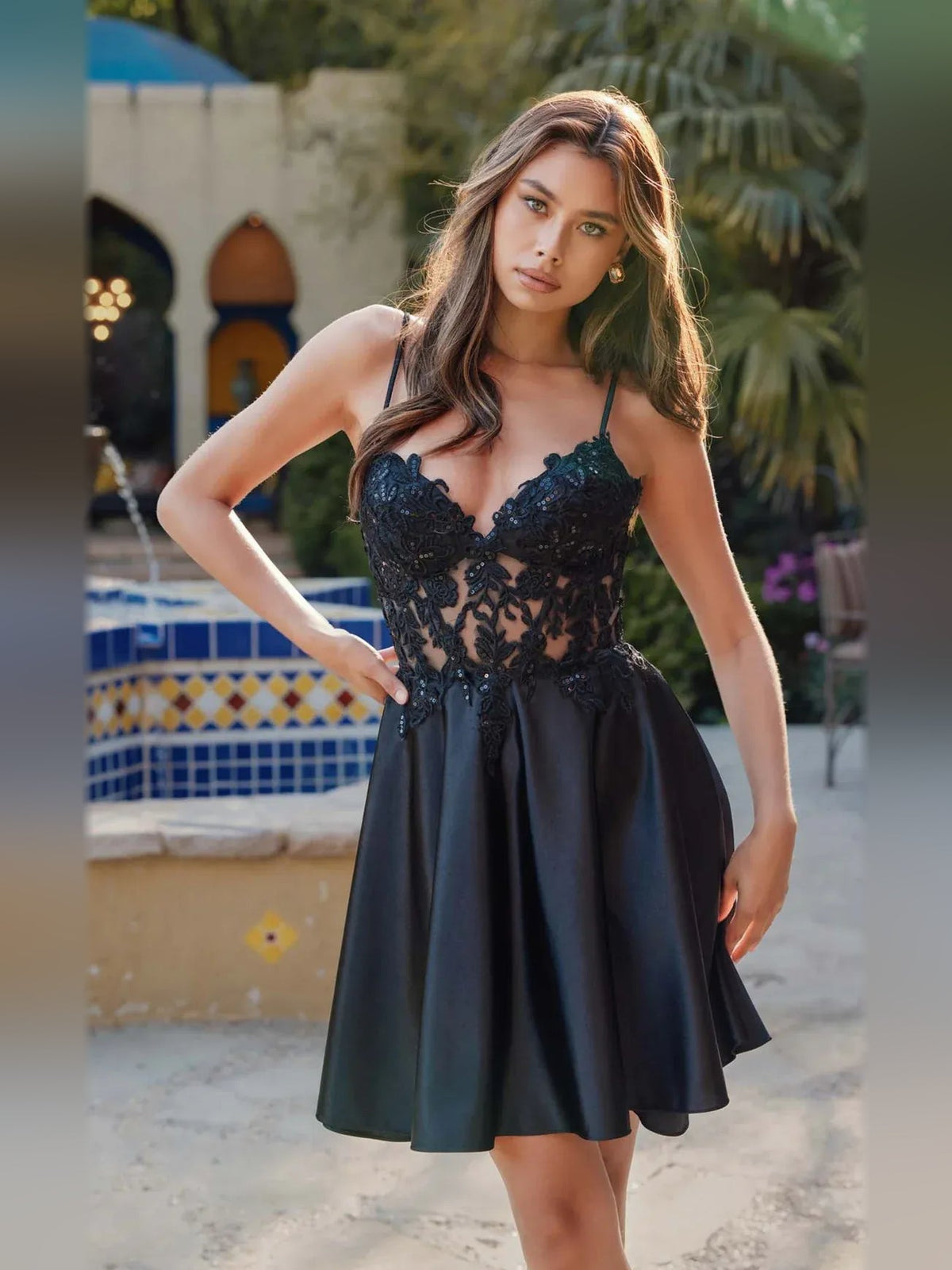 Black satin mini homecoming dress with embroidered floral lace V-neck bodice, thin straps