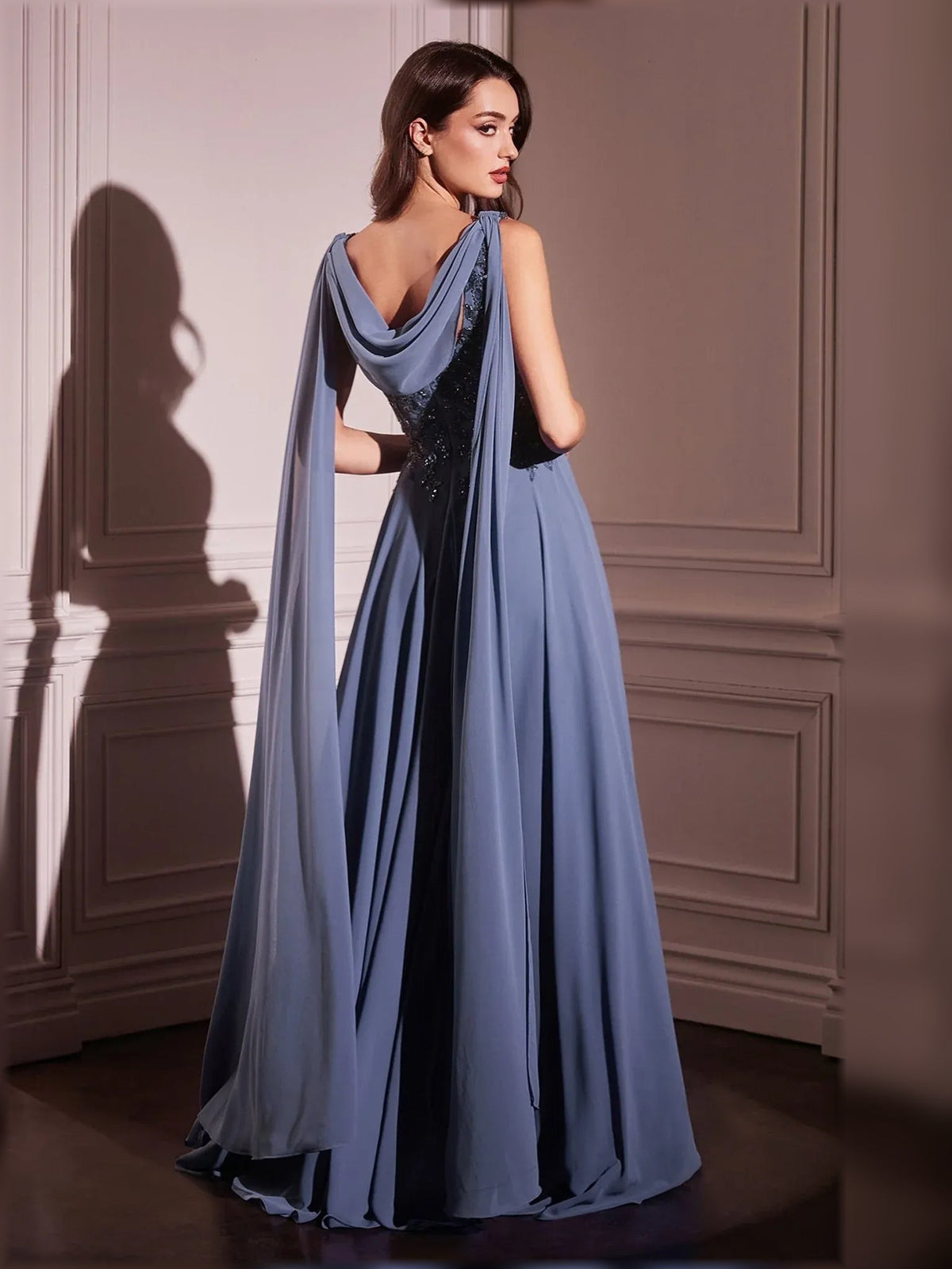 Periwinkle beaded scoop-neck A-line floor-length formal dress with draped neckline
