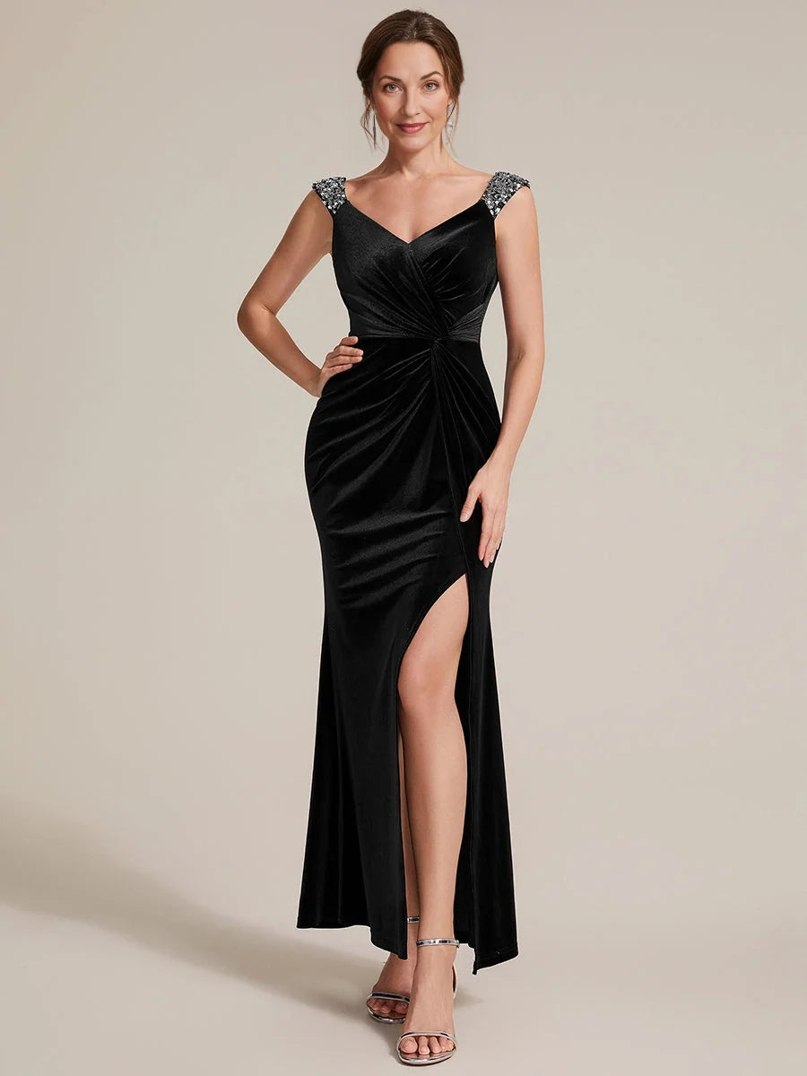 Black velvet sweetheart mermaid maxi dress with beaded rhinestone straps and thigh slit