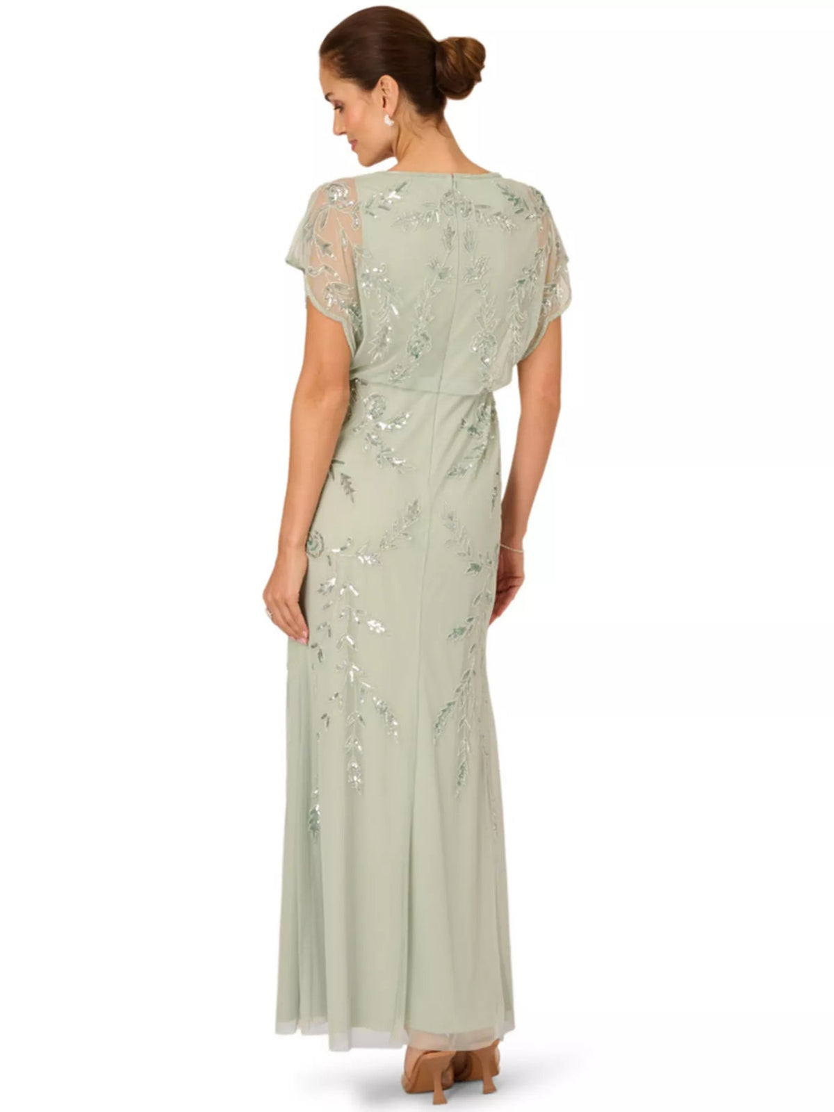 Sage green beaded round-neck sheath maxi dress shown from the back with flutter sleeves