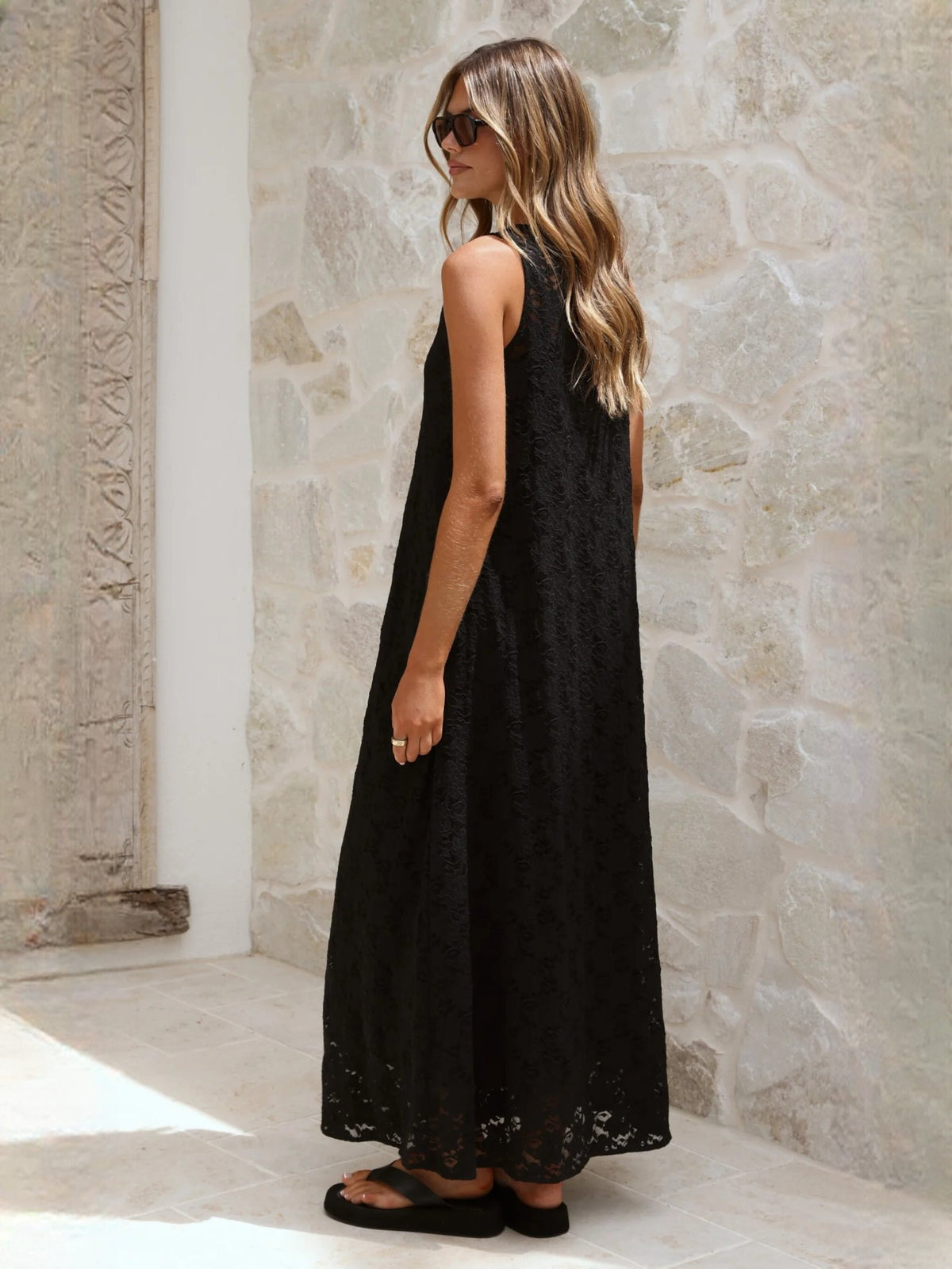 Black a-line maxi formal dress with V-neckline, alternate view showing the skirt