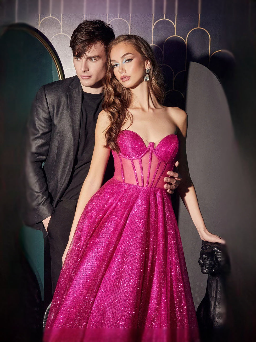 Fuchsia glitter sequin sweetheart corset prom dress, A-line floor length