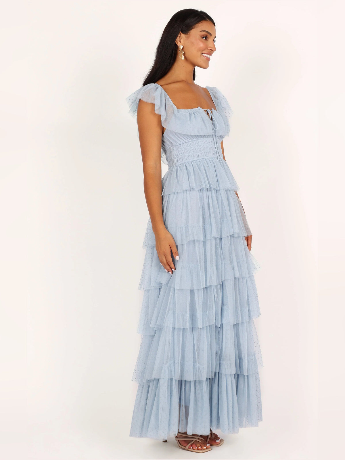 Blue a-line maxi formal dress with tiered skirt, alternate full-length view showing the skirt