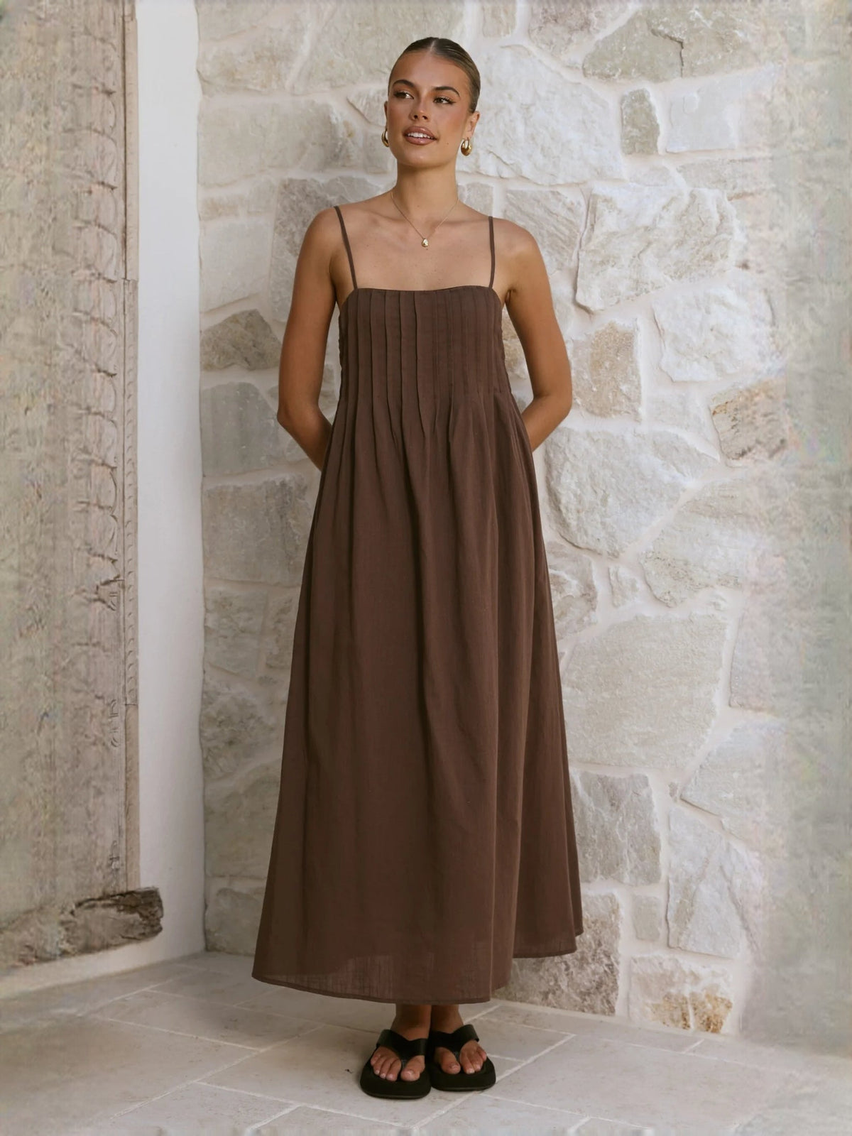 Chocolate a-line maxi formal dress with strapless neckline, alternate full-length view showing the skirt