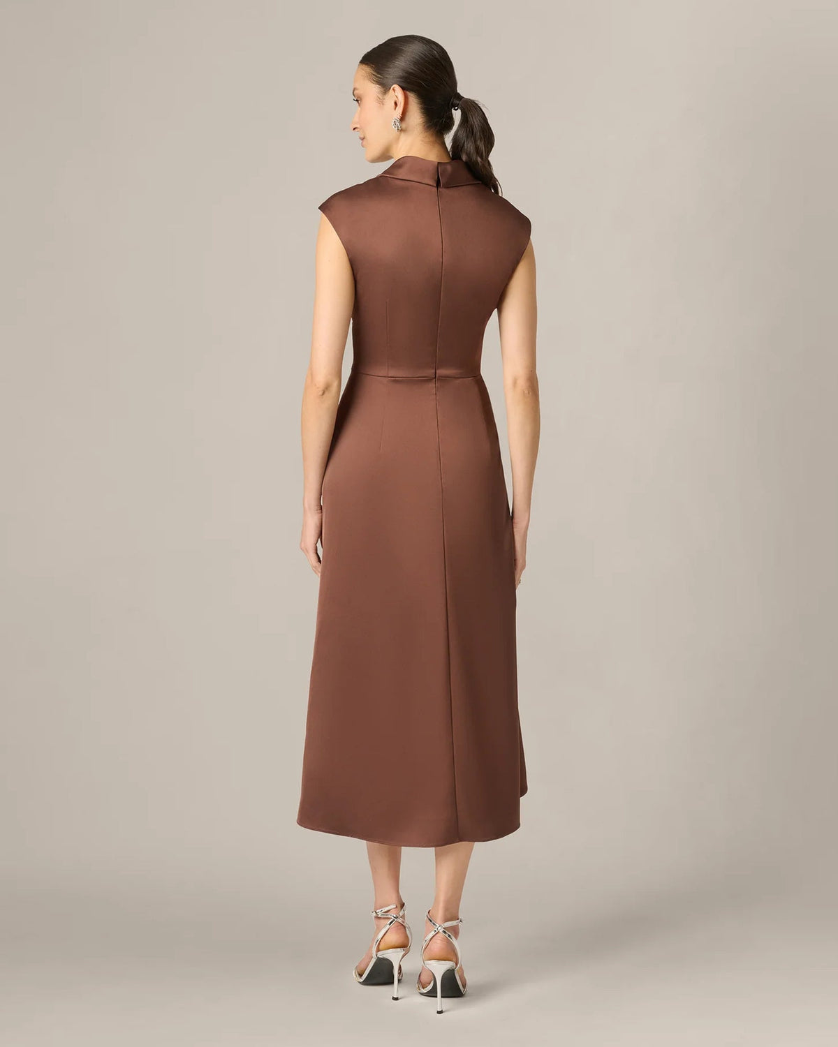 Espresso-brown A-line midi dress, sleeveless smooth back with V-back and midi length