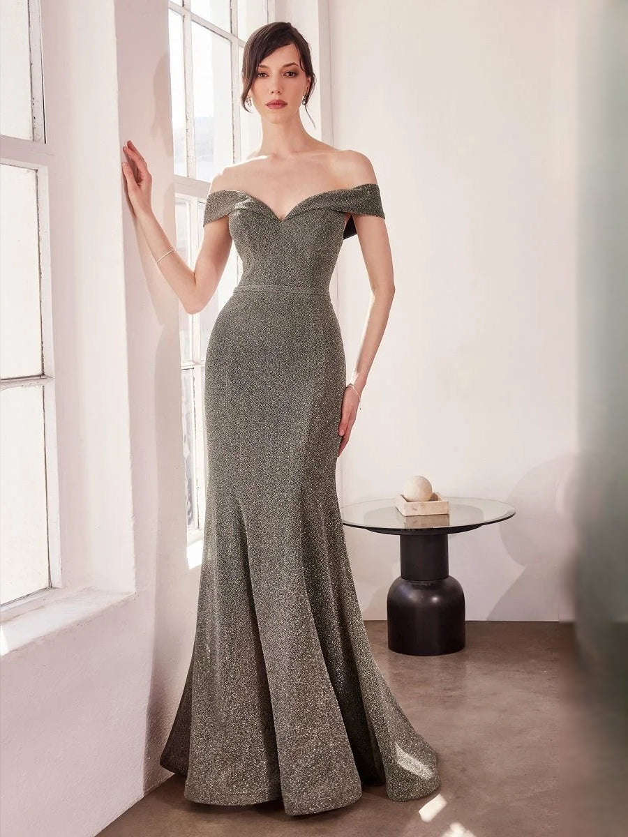 Silver glitter off-shoulder V-neck mermaid prom dress, floor-length