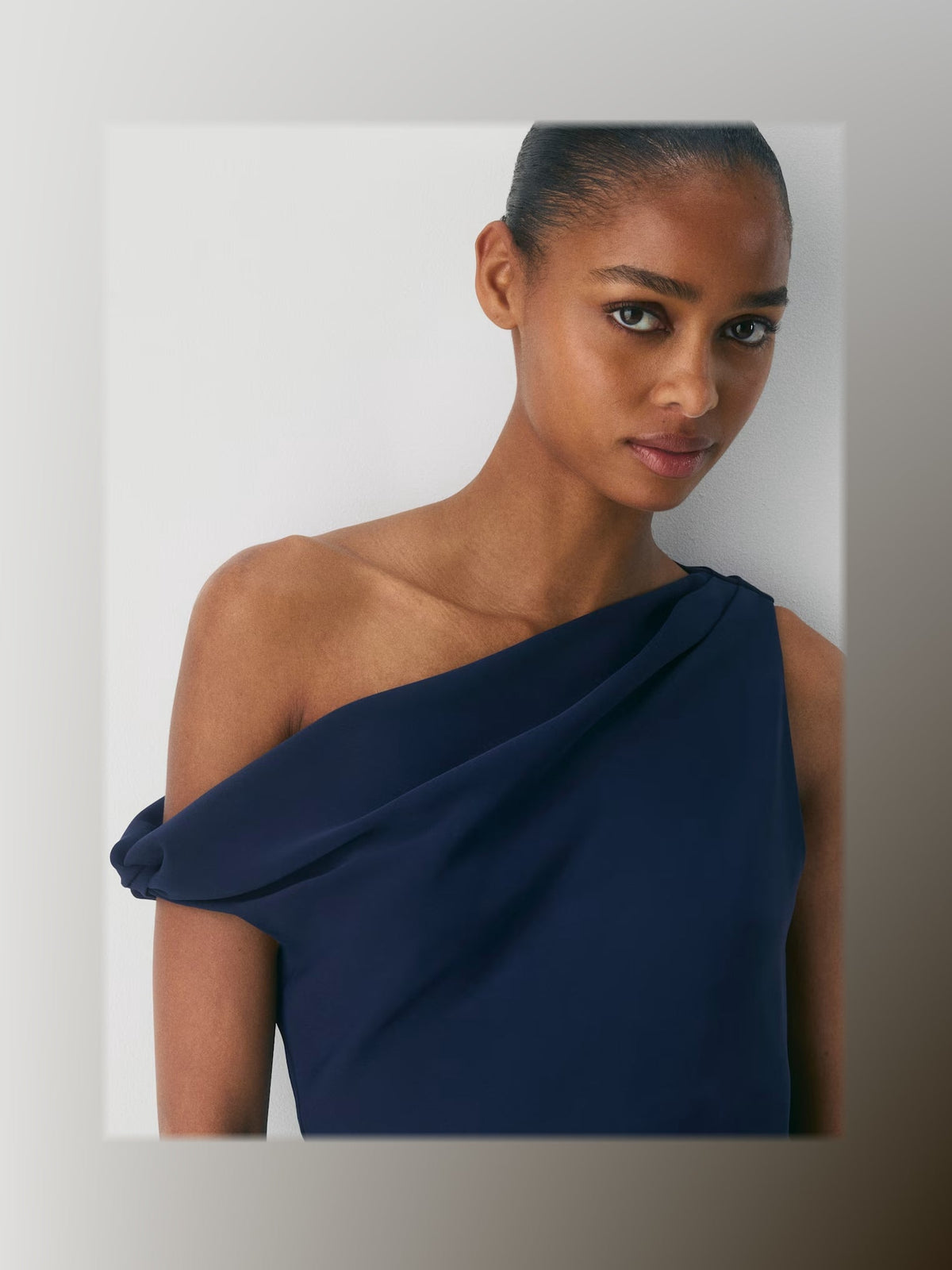 Navy Blue maxi formal dress, alternate full-length view showing the hem