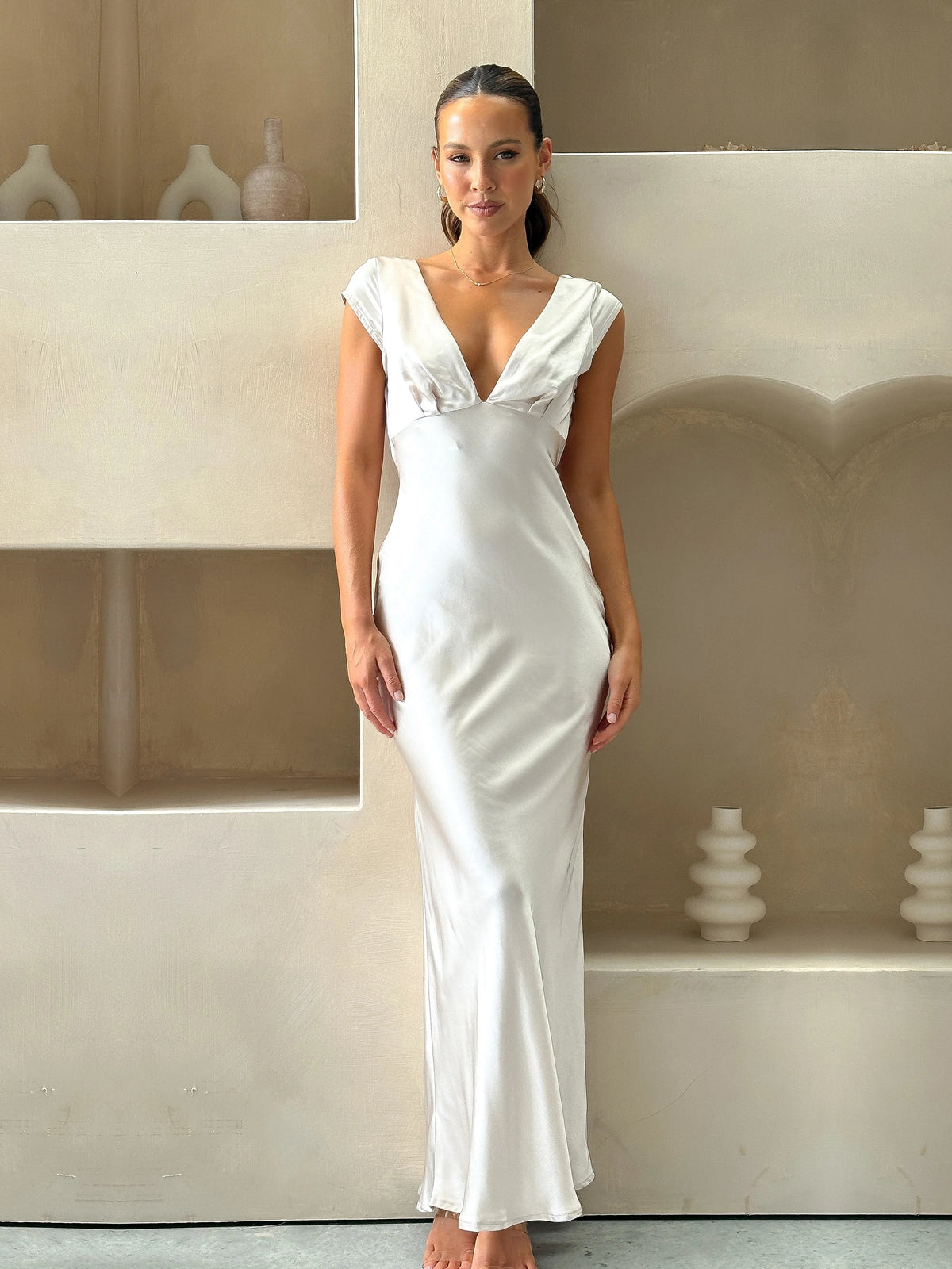 Champagne sheath maxi formal dress with V-neckline, alternate view showing the skirt