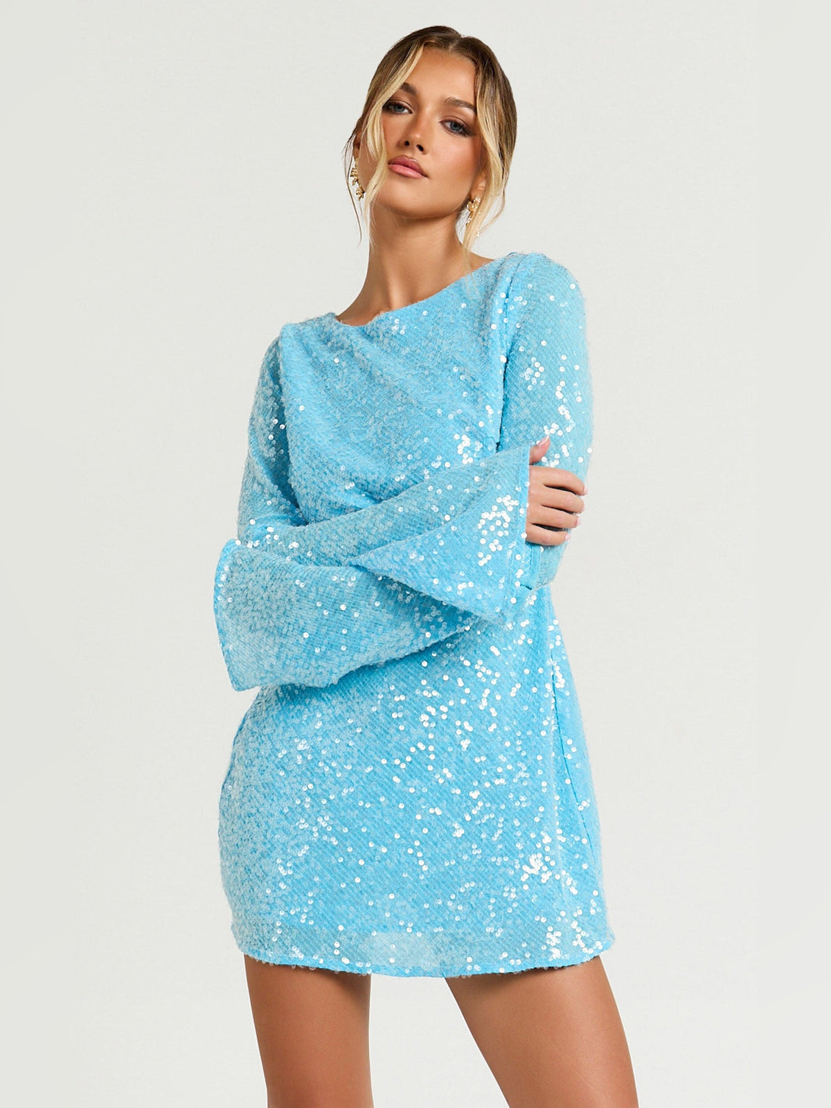 Blue sequin scoop-neck mini dress with long, slightly flared sleeves