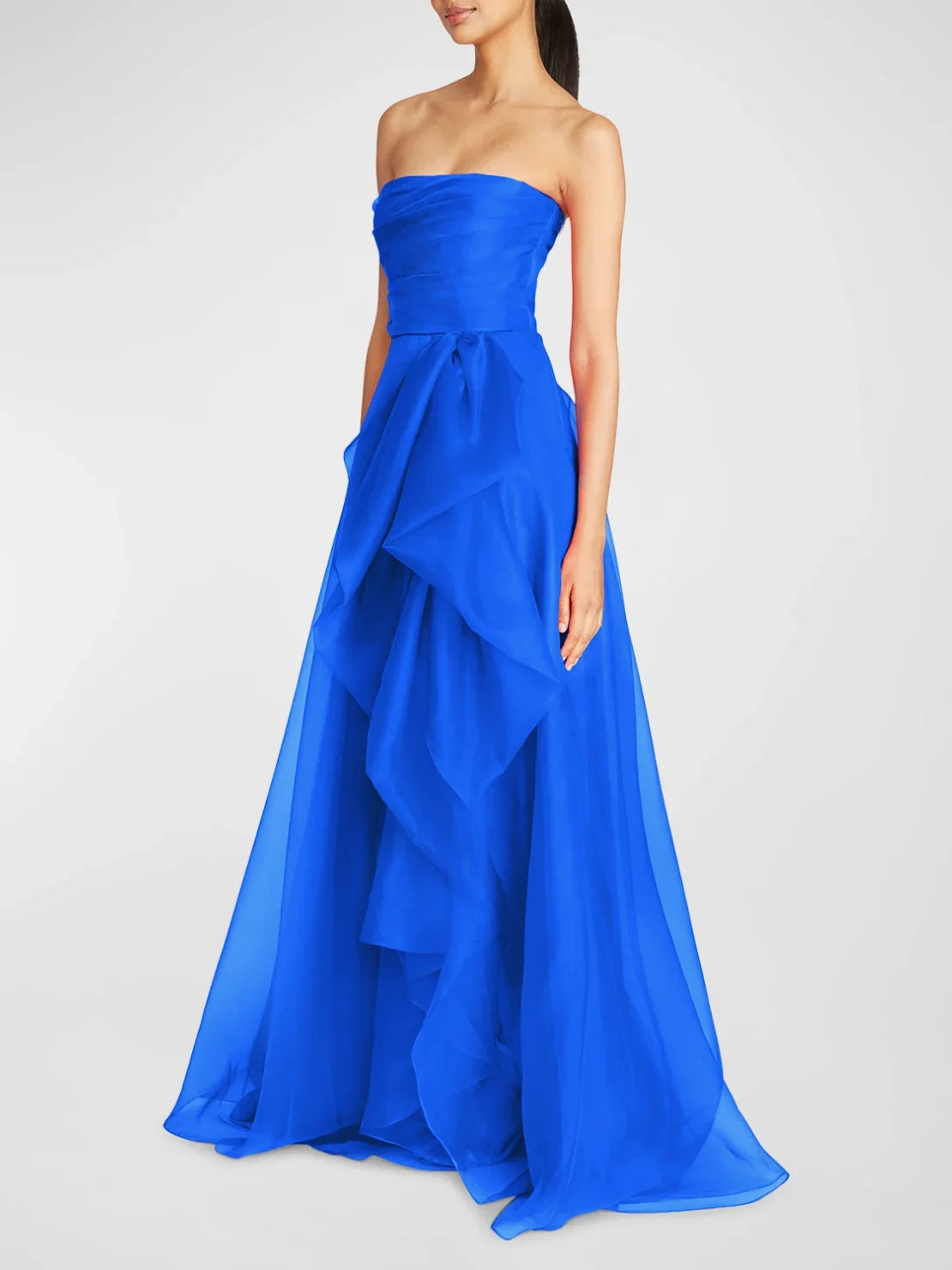 Cobalt blue strapless ruffle A-line formal dress with layered drape and side slit.