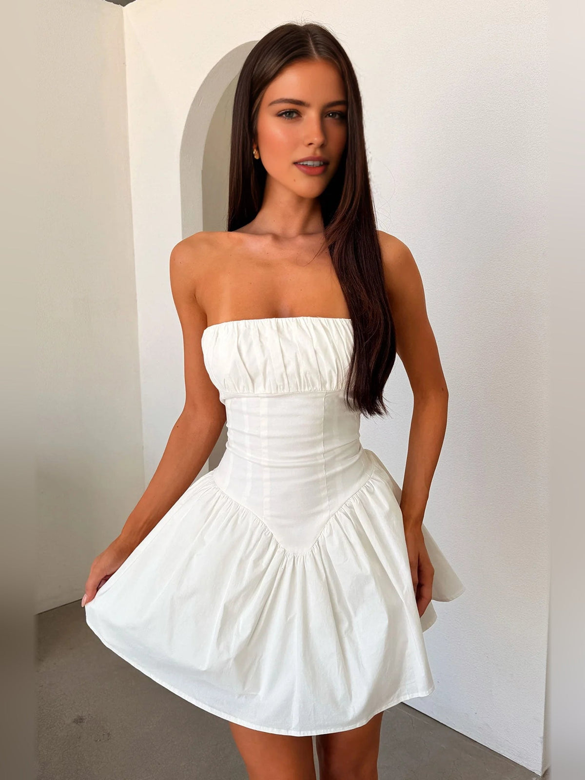 Ivory white strapless ruched corset A-line mini dress, front view with gathered waist