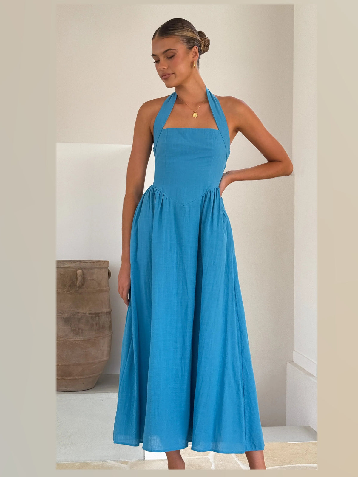 Blue midi formal dress, alternate full-length view showing the hem