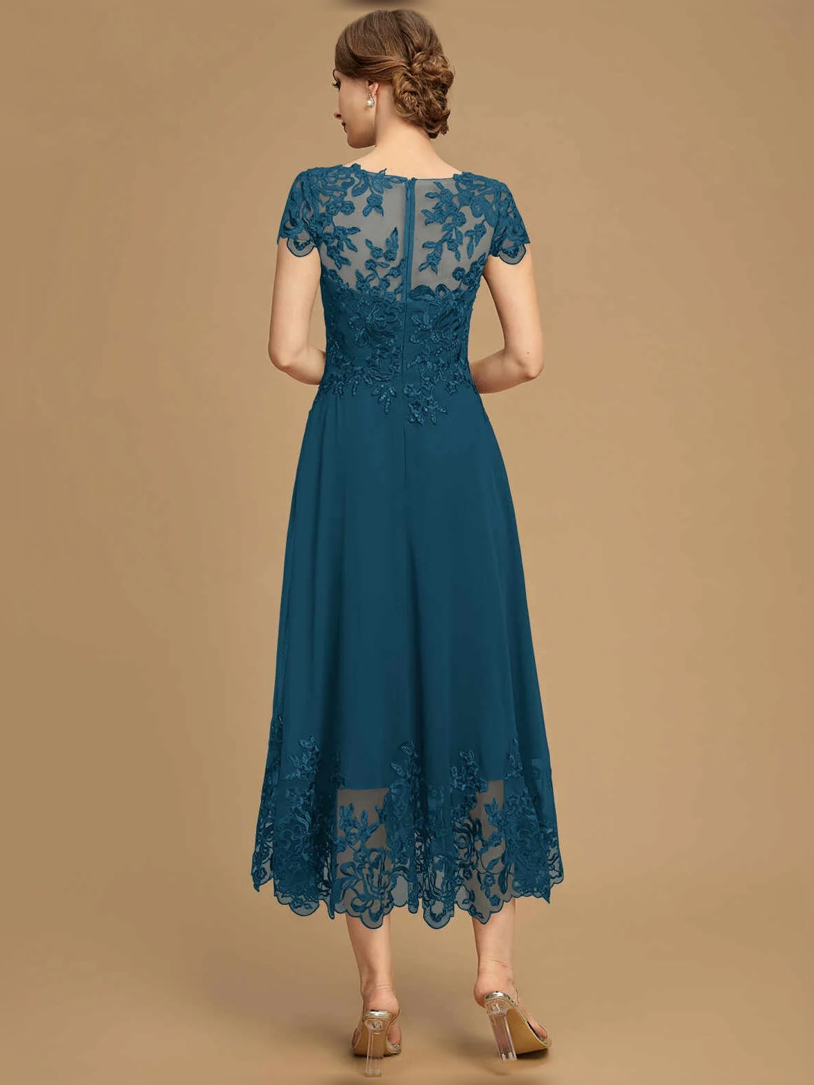 Teal sequin boat-neck A-line chiffon tea-length mother-of-the-bride dress with lace