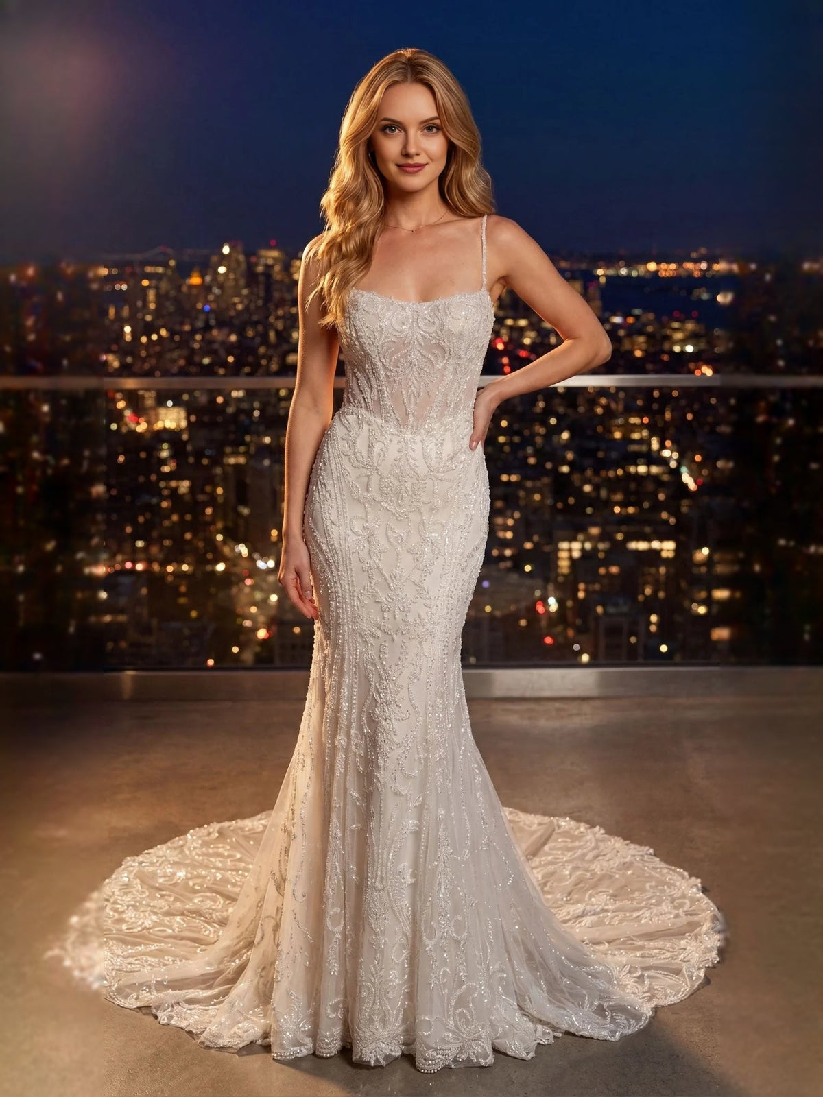 Ivory lace mermaid gown with thin straps, fitted silhouette, and floor-length skirt