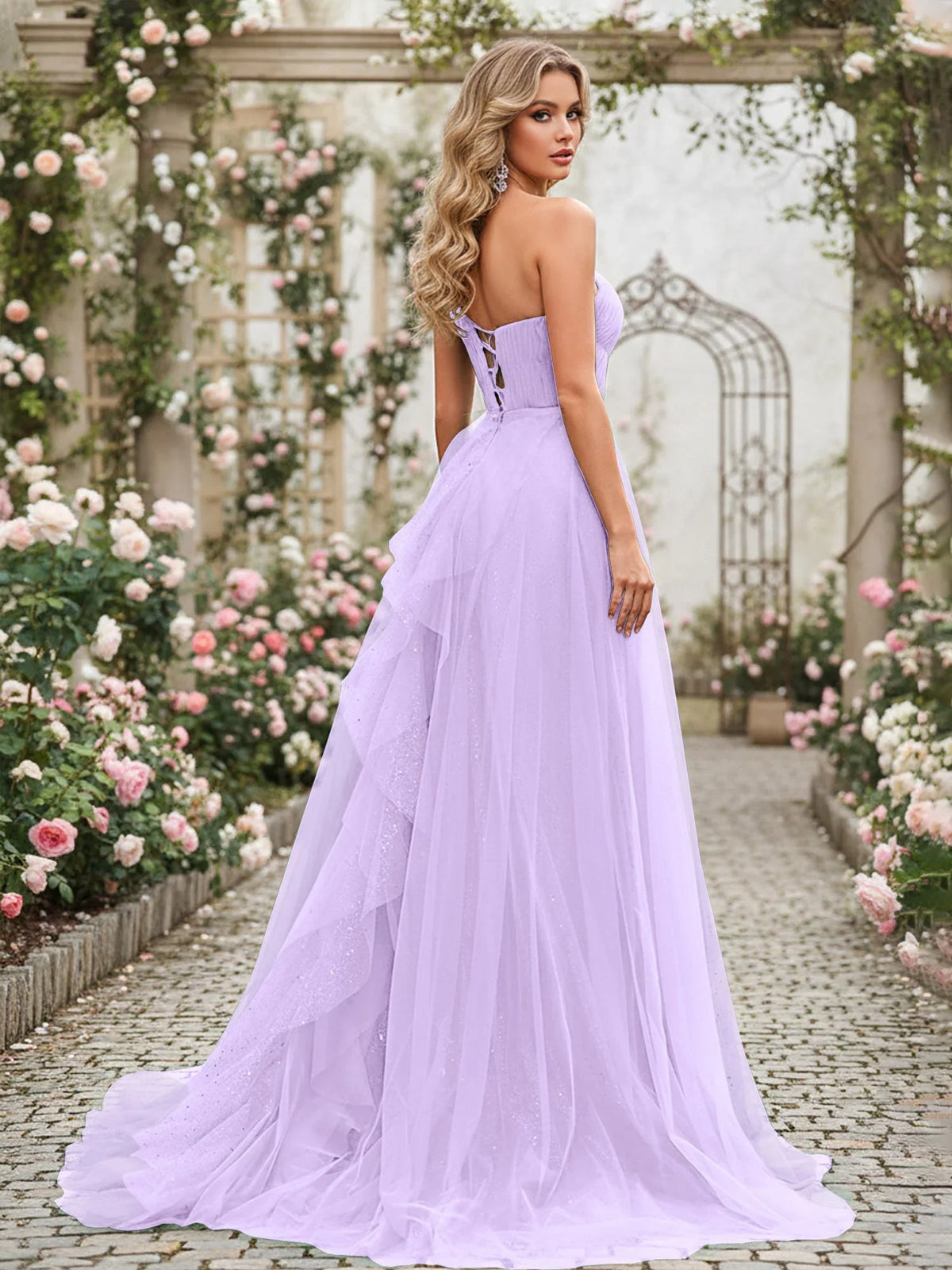 Lilac one-shoulder corset formal dress with layered pleats and floor-length tulle skirt