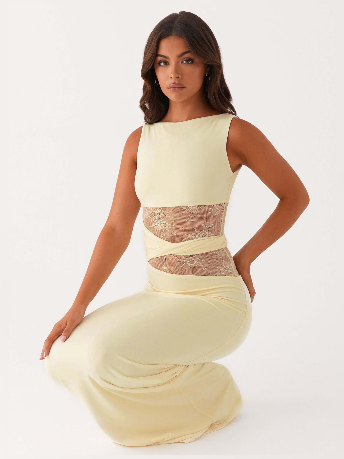 Yellow sheath maxi formal dress with cutout detail, alternate full-length view showing the skirt