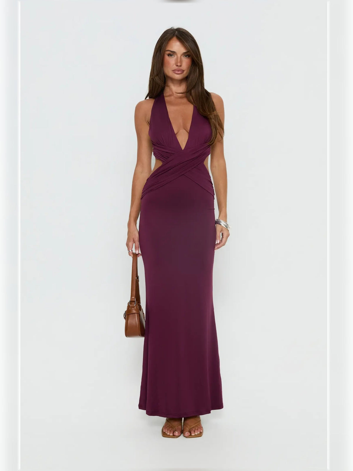 Purple halter neck formal dress with V neckline and gathered ruching, floor-length