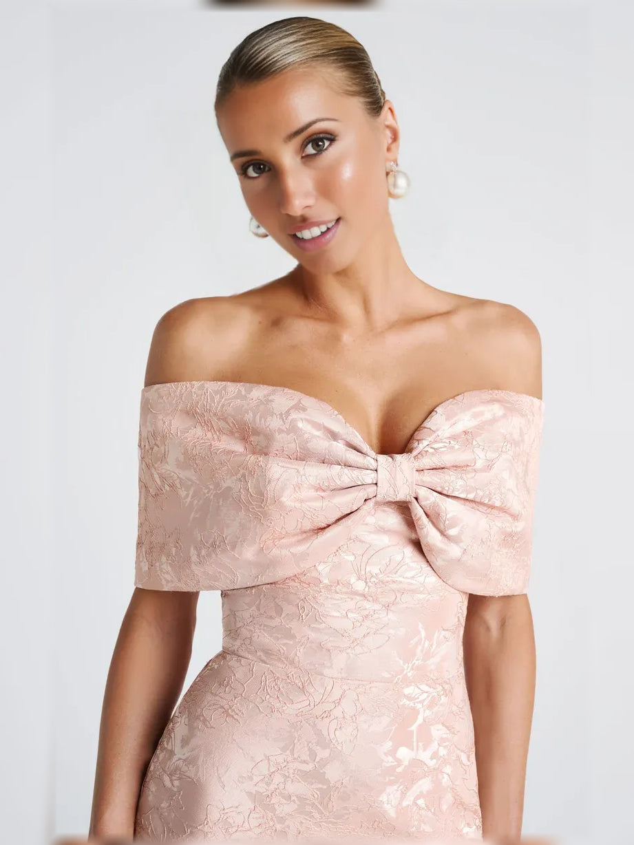 Peach off-the-shoulder corset mermaid floor-length formal dress, close-up bodice