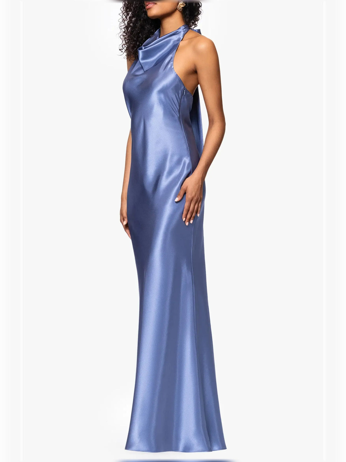 Blue halter mermaid formal dress with open back and sleek fitted skirt