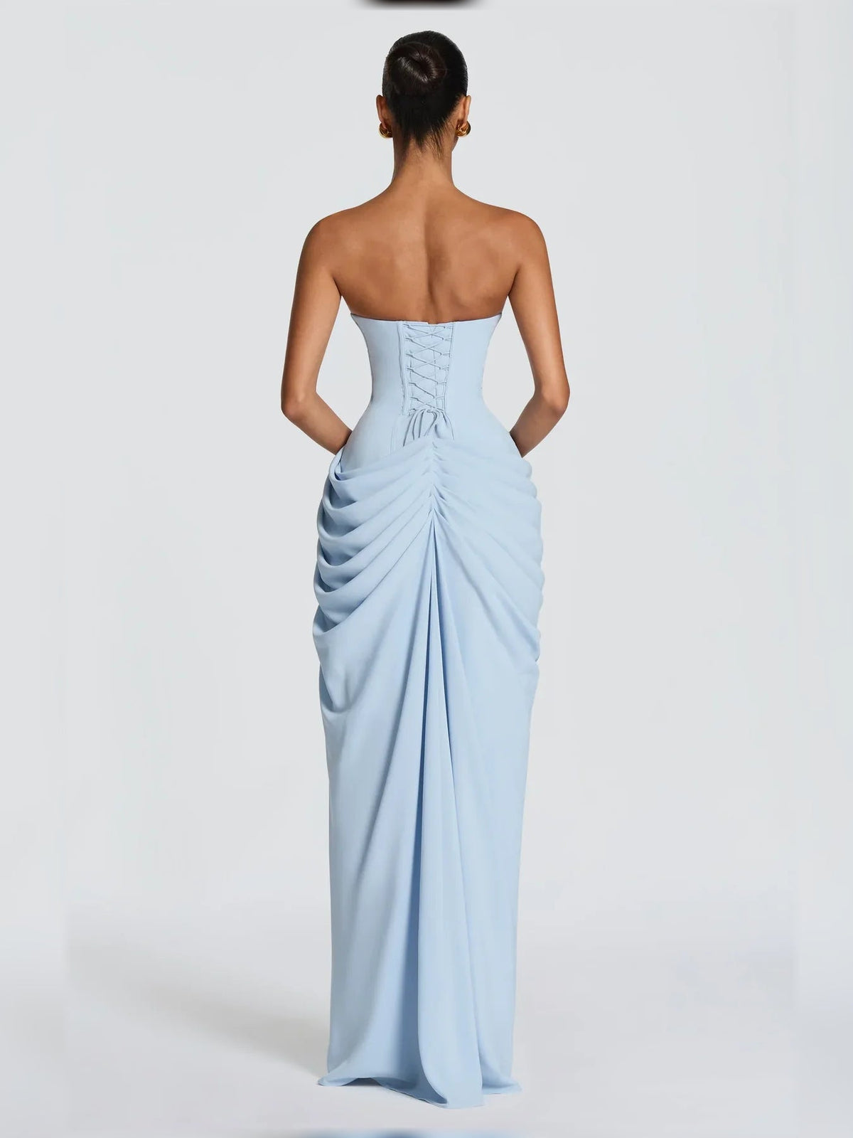 Off-shoulder corset ruched floor-length formal dress, light blue with draped back