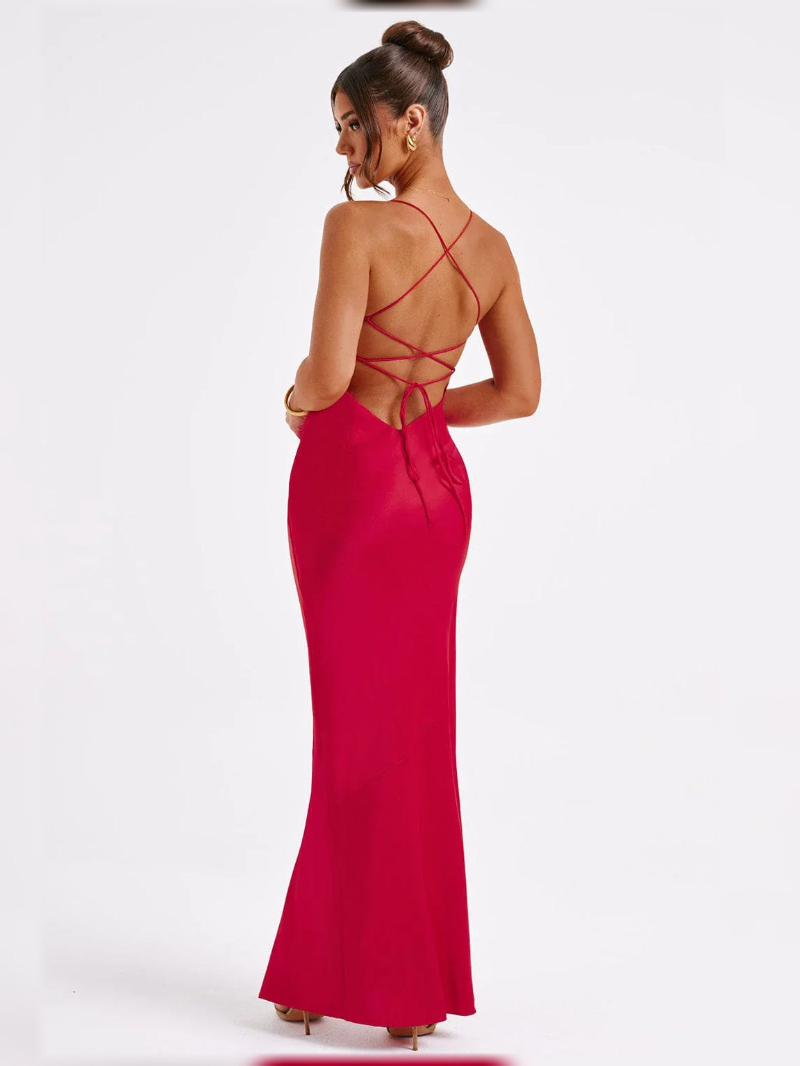 Red satin formal dress with open back and crisscross tie straps