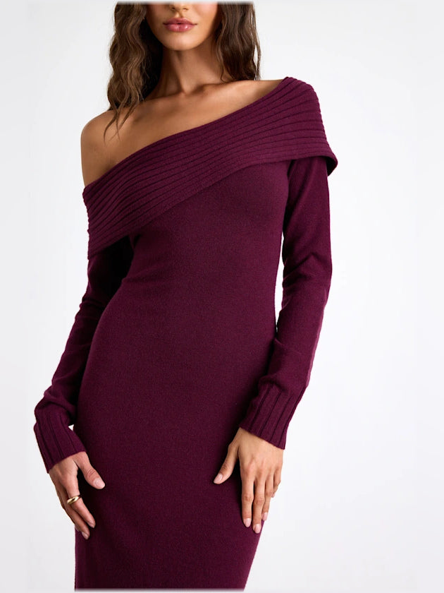 Plum bodycon maxi formal dress with off-the-shoulder neckline, alternate view showing the skirt