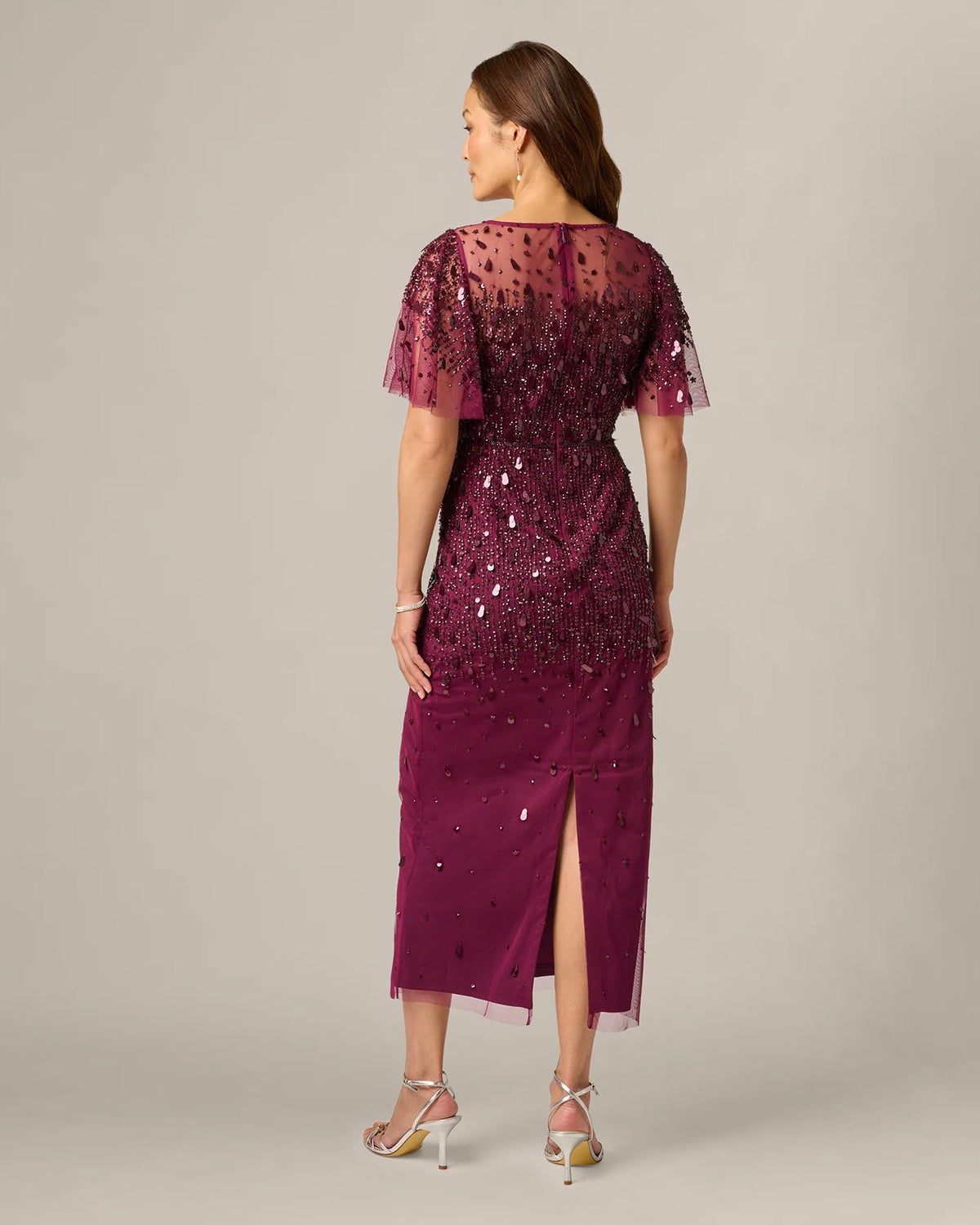 Bordeaux embellished flutter-sleeve midi dress, back view with sheer sleeve overlay