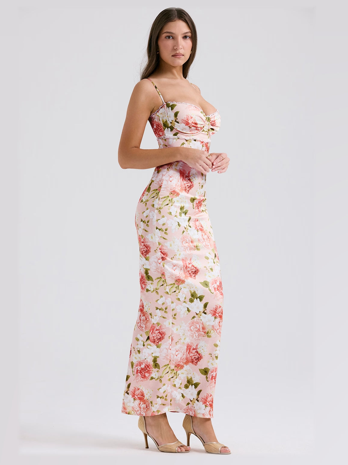 Ivory Pink Floral Print maxi formal dress, alternate full-length view showing the hem