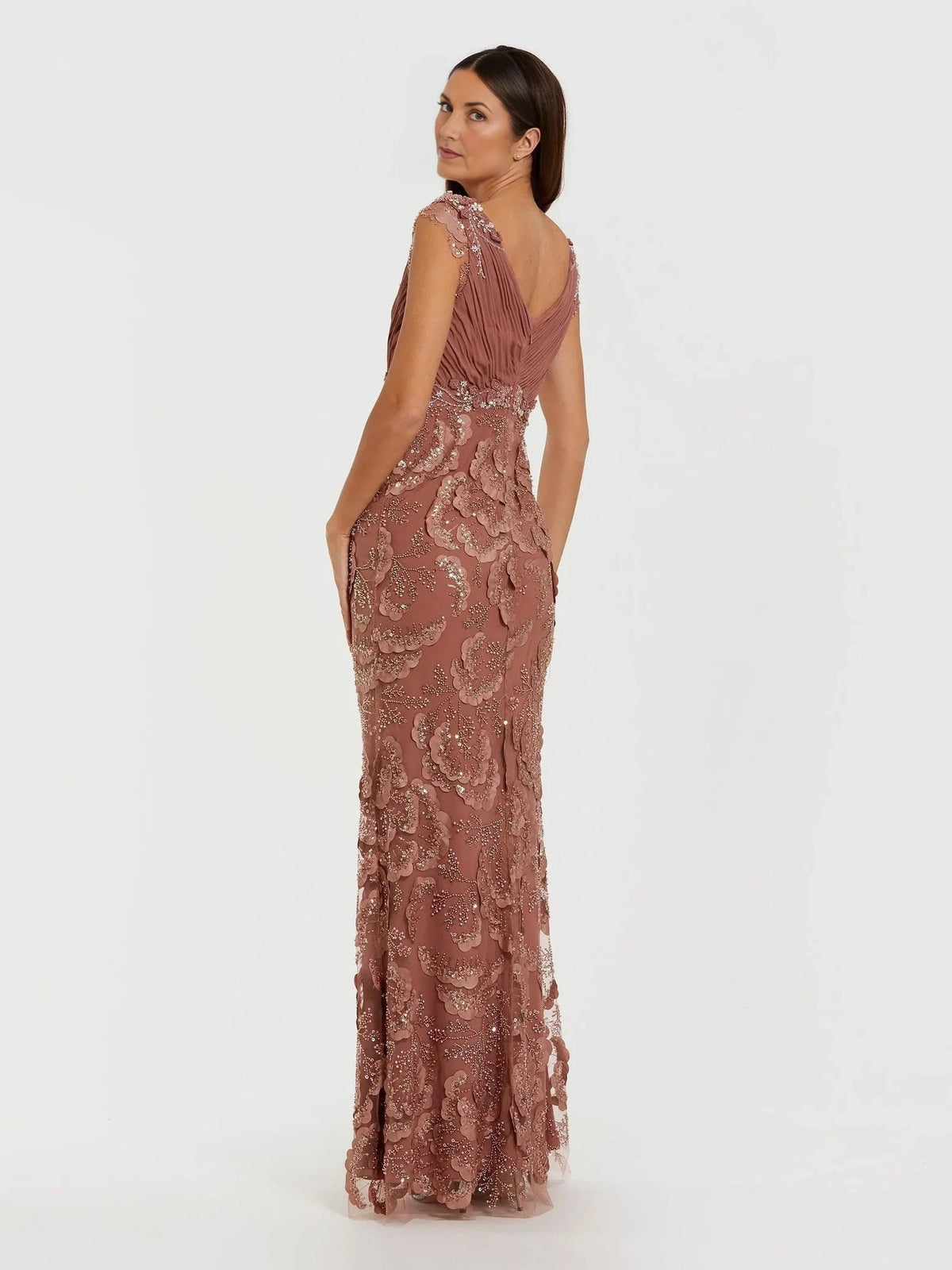 Coral floor-length sleeveless V-neck sheath gown with floral lace and beadwork