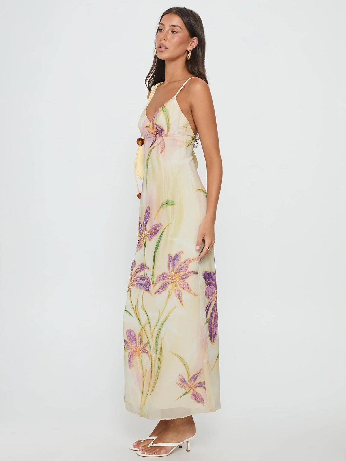 Ivory Pastel Floral Print sheath maxi formal dress with beading, alternate full-length view showing the skirt