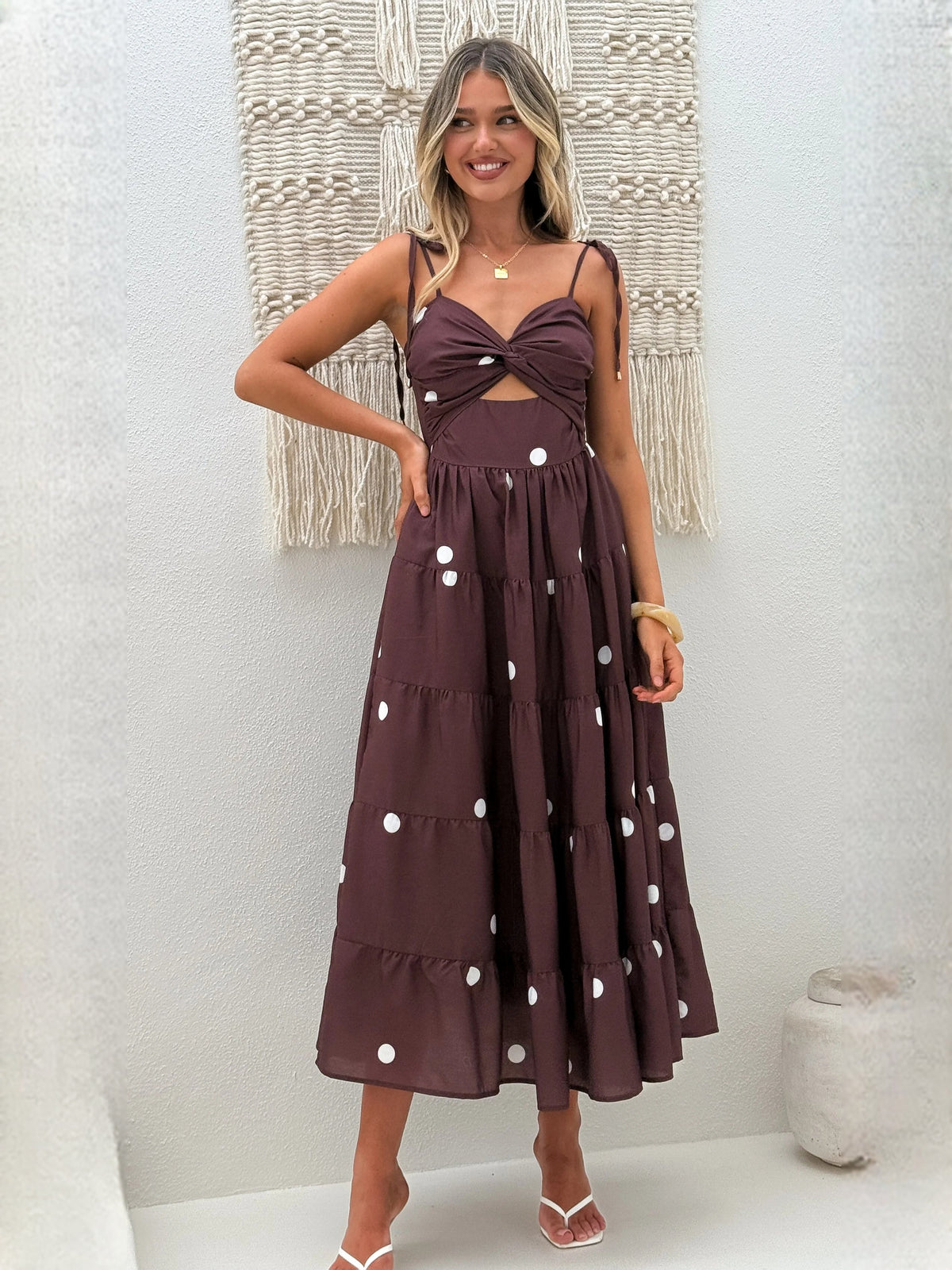 Chocolate midi formal dress with printed pattern, alternate view showing the skirt